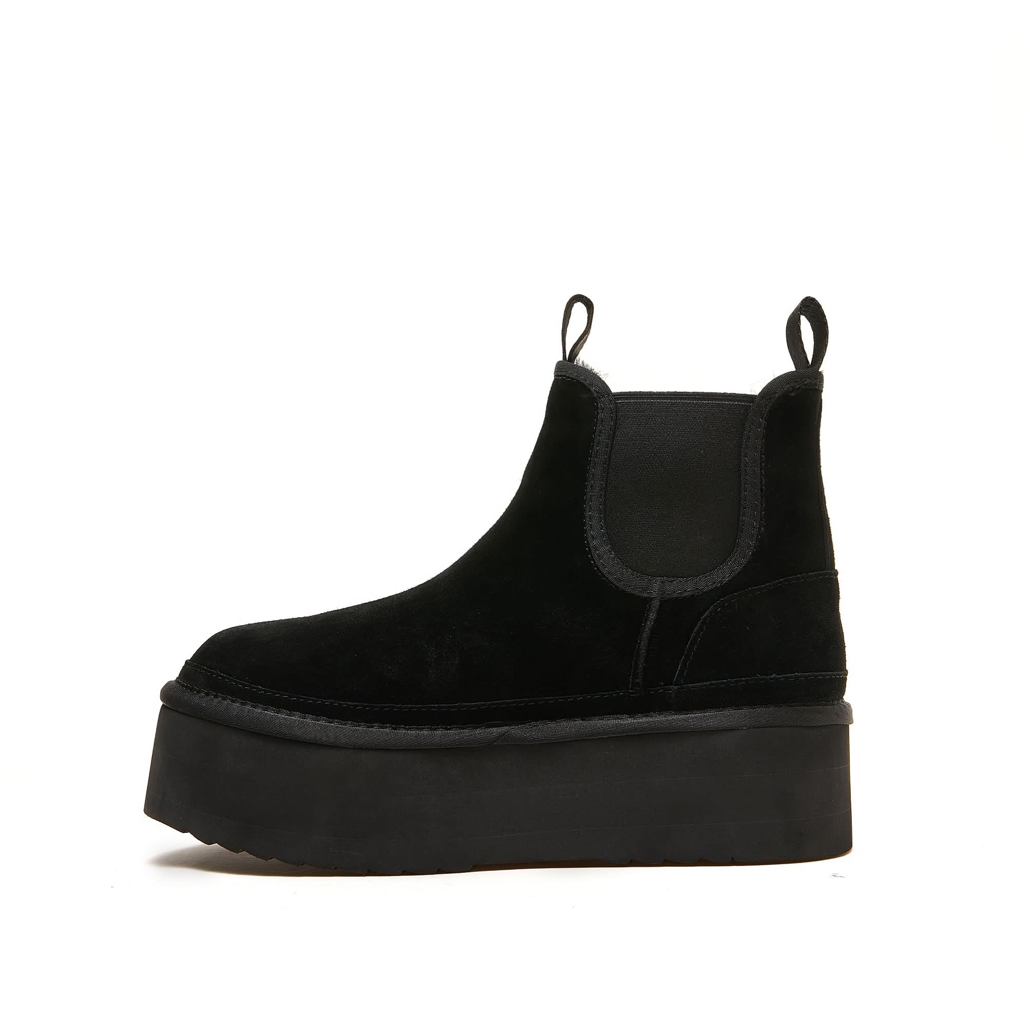 Black suede Chelsea boot with chunky platform sole, side view. - Yellow Earth Australia