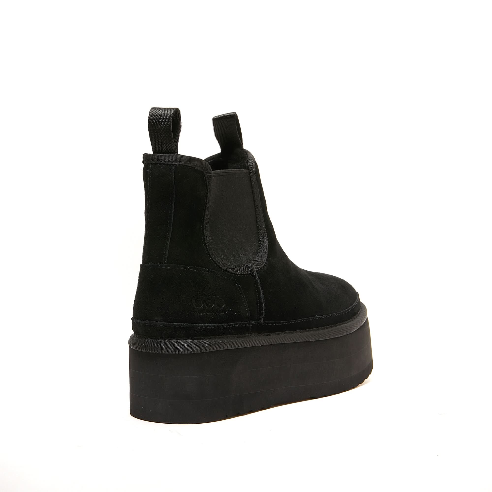 Black suede Chelsea boot with platform sole, rear view. - Yellow Earth Australia