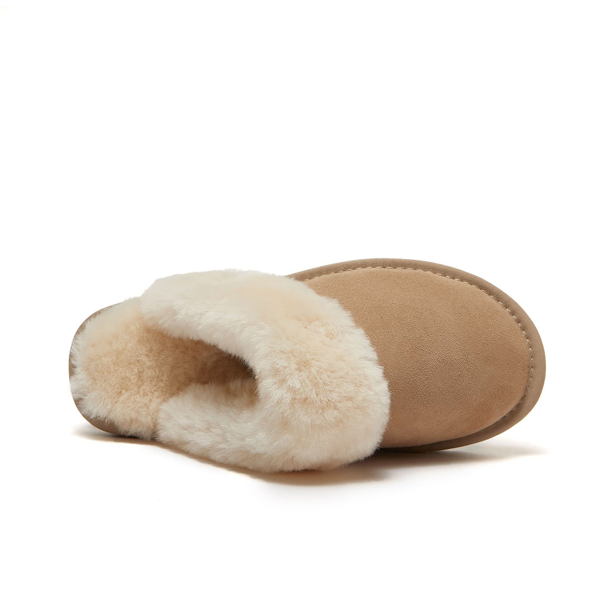 Camel suede slipper with cream sheepskin lining, top view. - Yellow Earth Australia