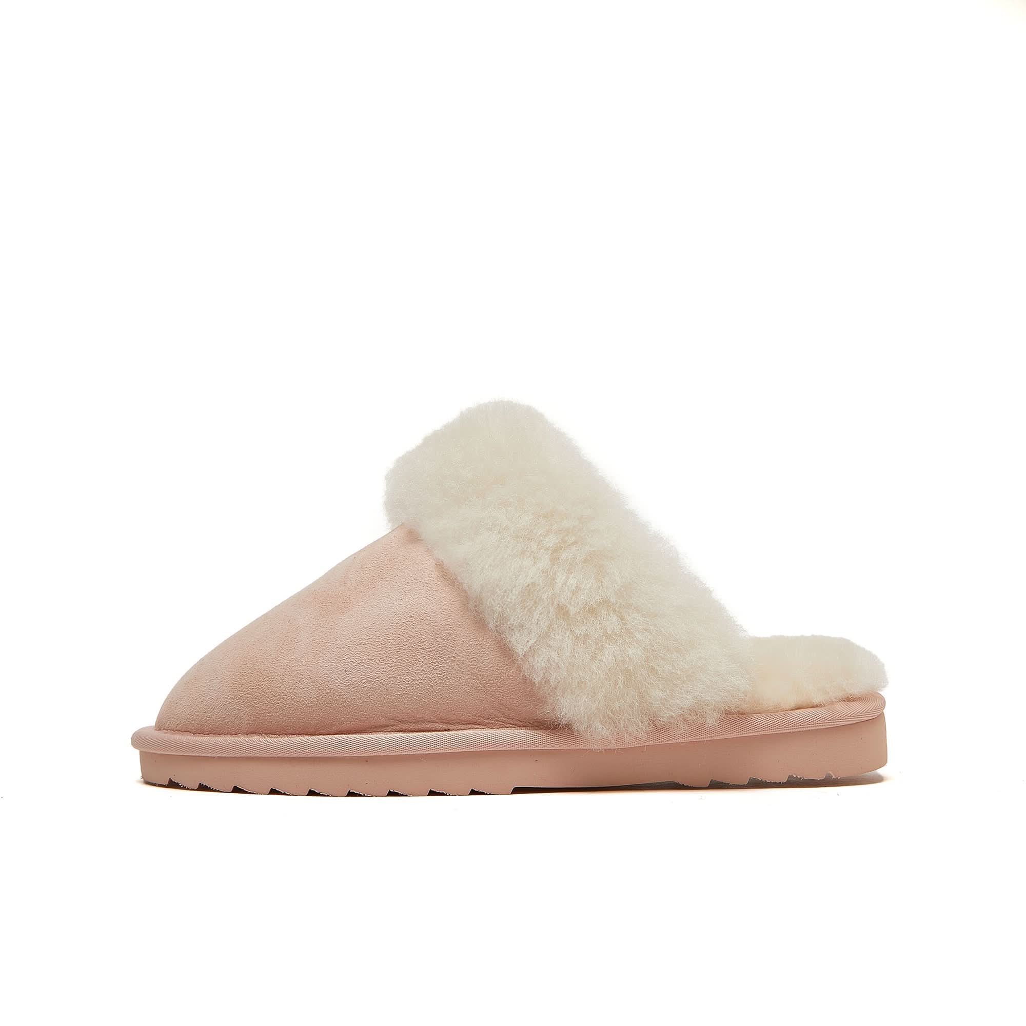 Blush pink sheepskin slipper with cream wool lining, side profile view. - Yellow Earth Australia