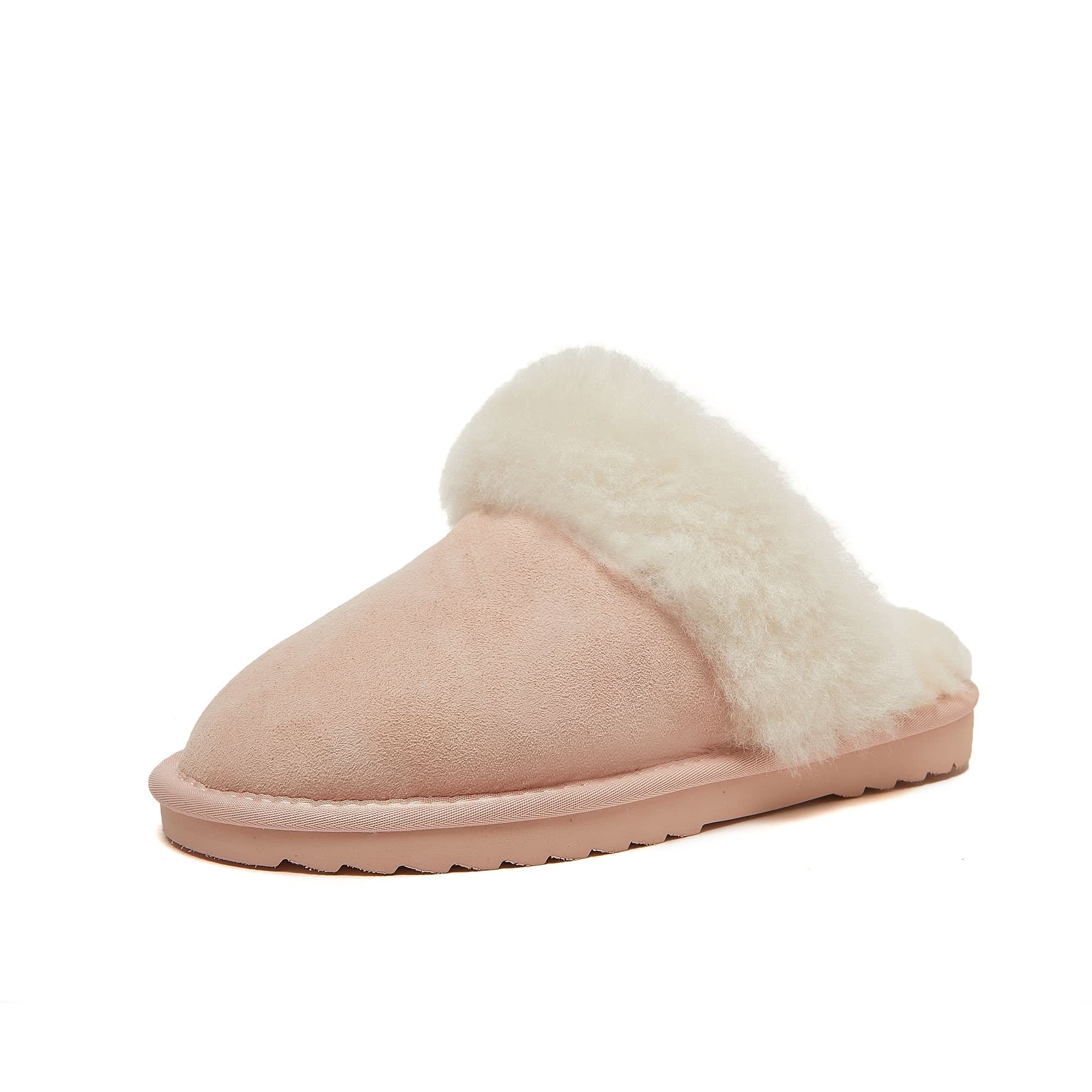 Blush pink sheepskin slipper with cream wool collar, side view. - Yellow Earth Australia