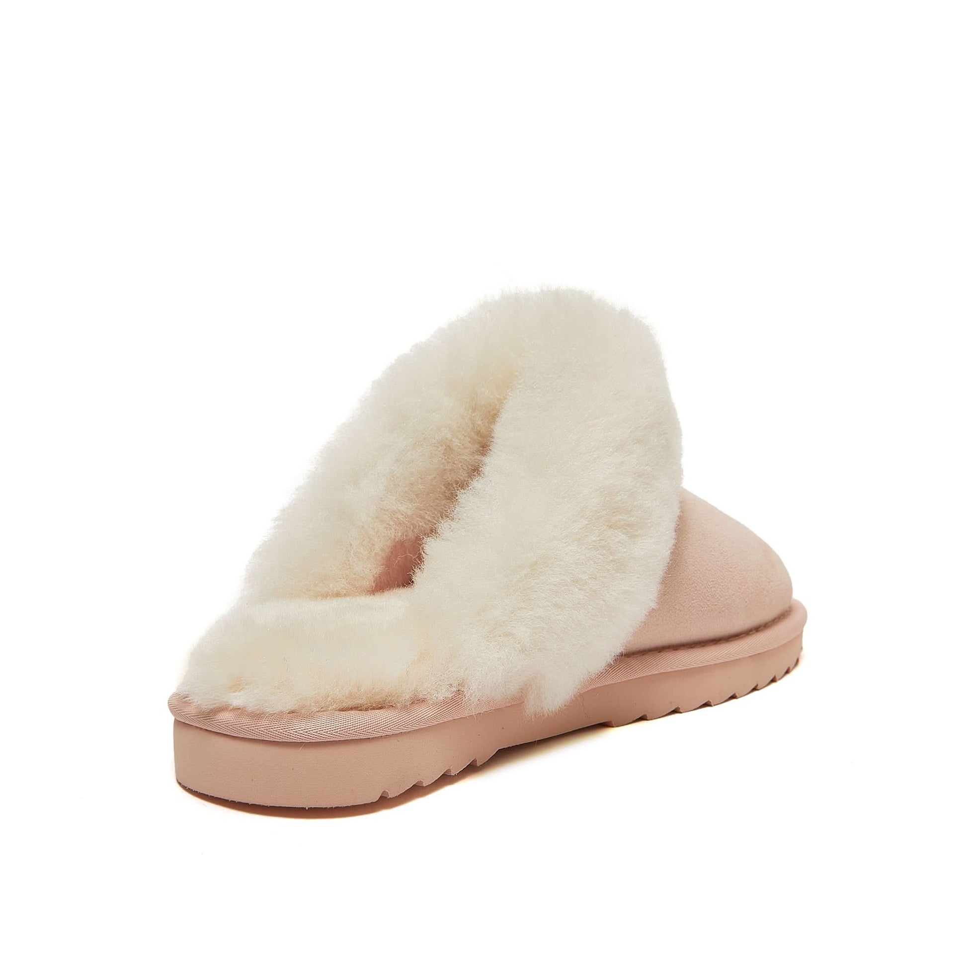 Cream sheepskin boot with fluffy wool lining, side view on white background. - Yellow Earth Australia