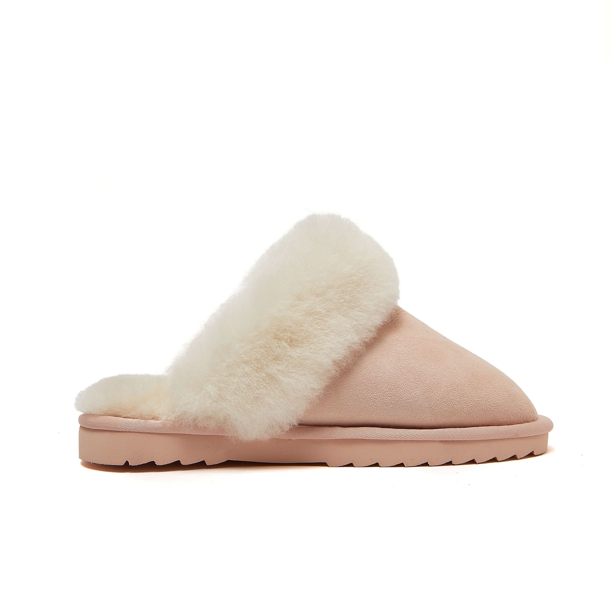 Pink sheepskin slipper with cream wool lining, side view on white background. - Yellow Earth Australia