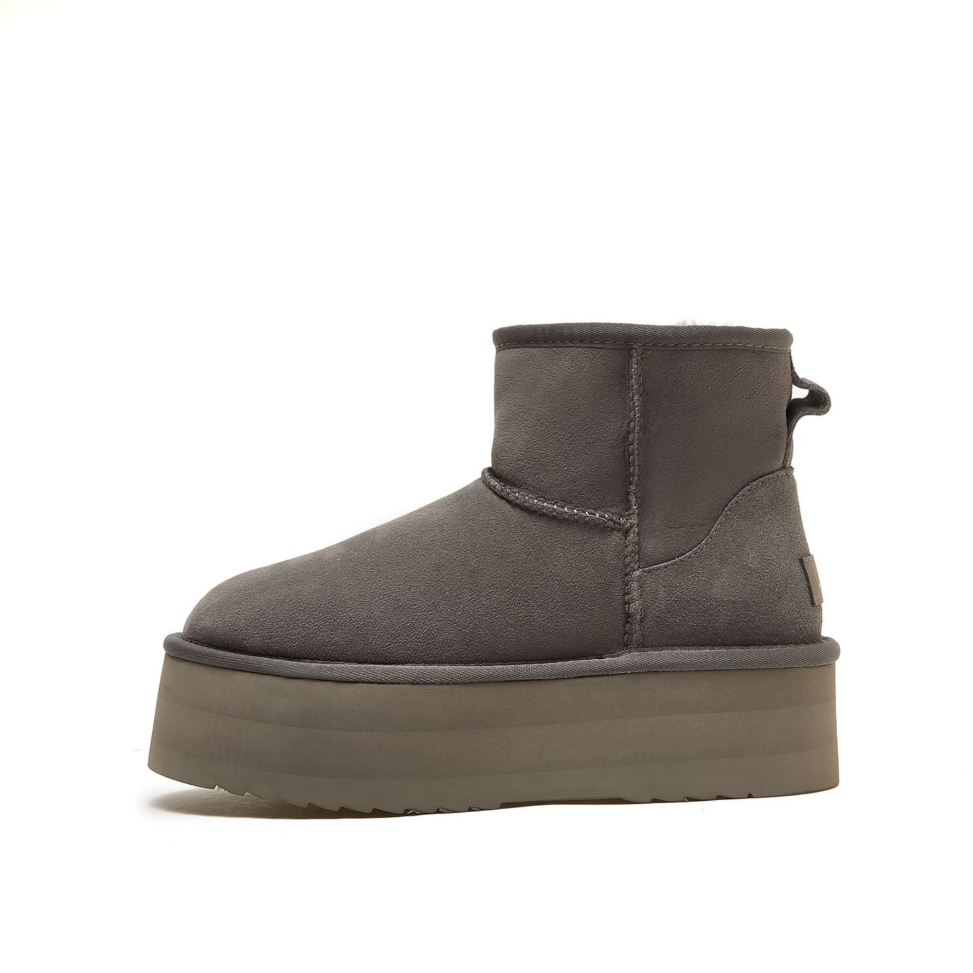 Grey suede sheepskin ankle boot with platform sole, side view. - Yellow Earth Australia