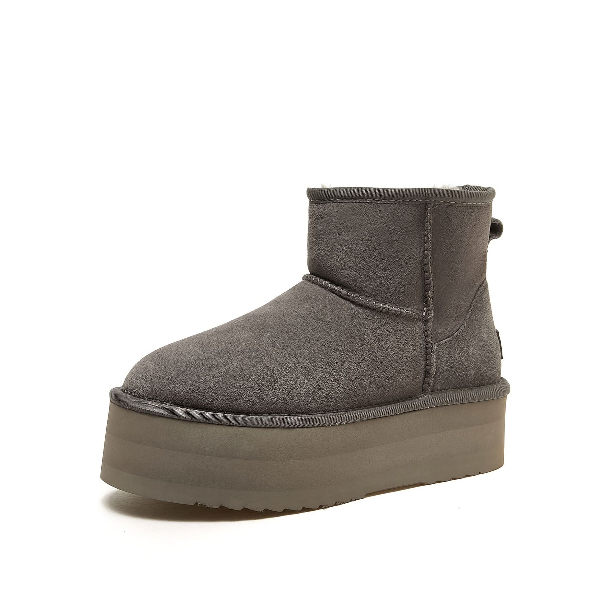 Grey suede platform ankle boot with sheepskin lining, side view. - Yellow Earth Australia