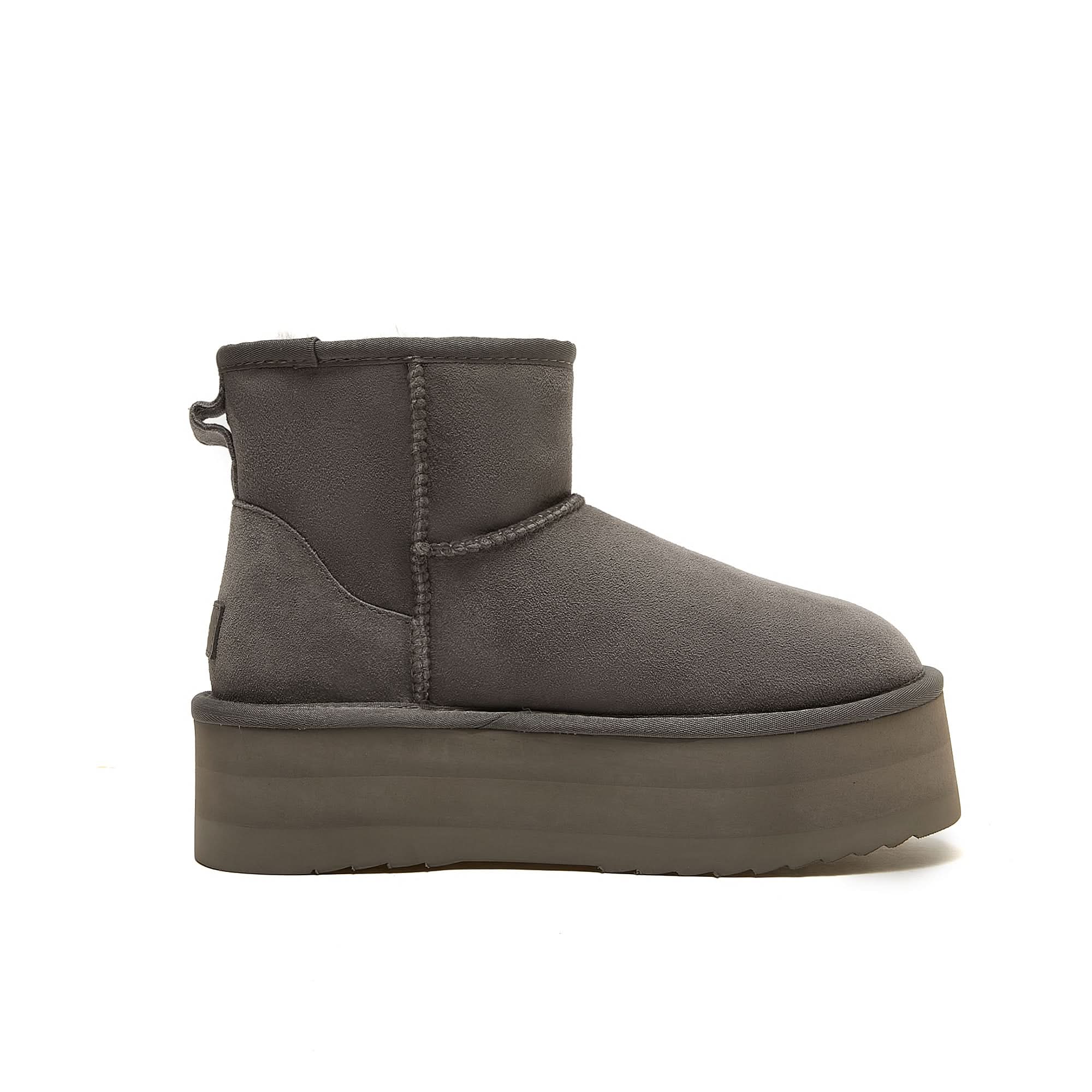 Grey suede platform ankle boot with sheepskin lining, side view. - Yellow Earth Australia