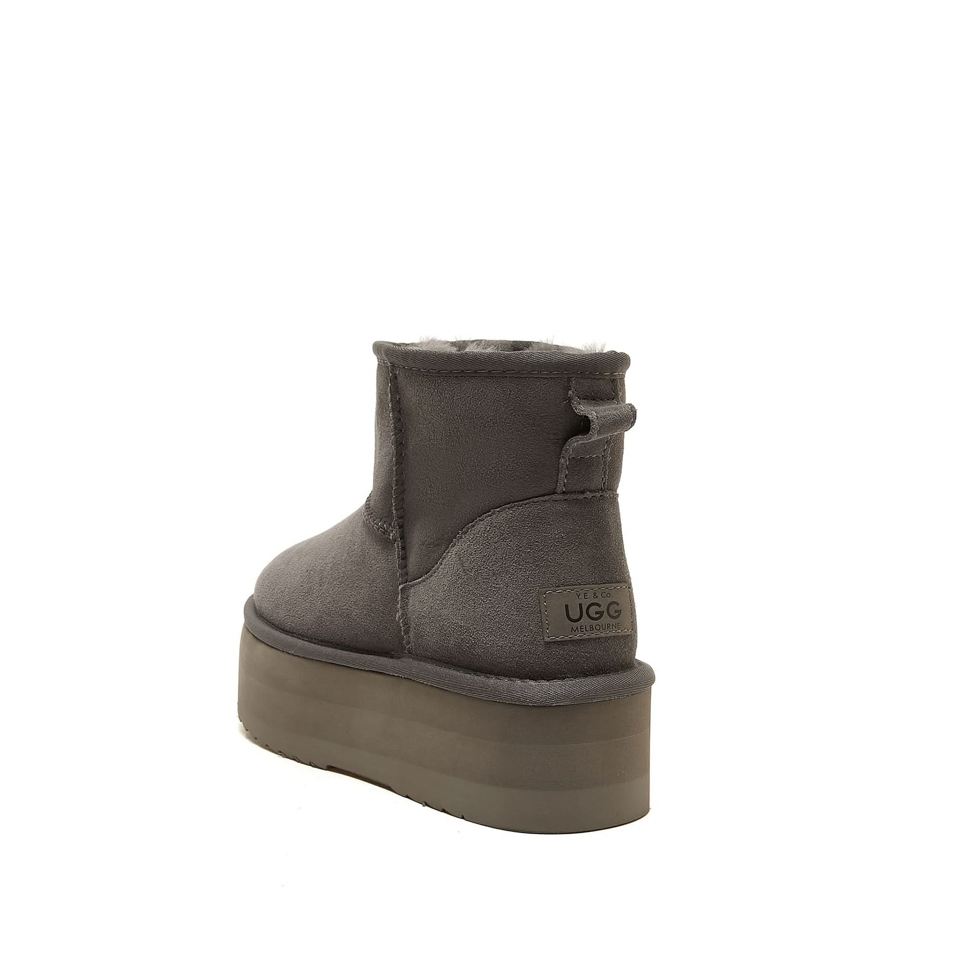Grey sheepskin platform ankle boot shown from the back angle view. - Yellow Earth Australia