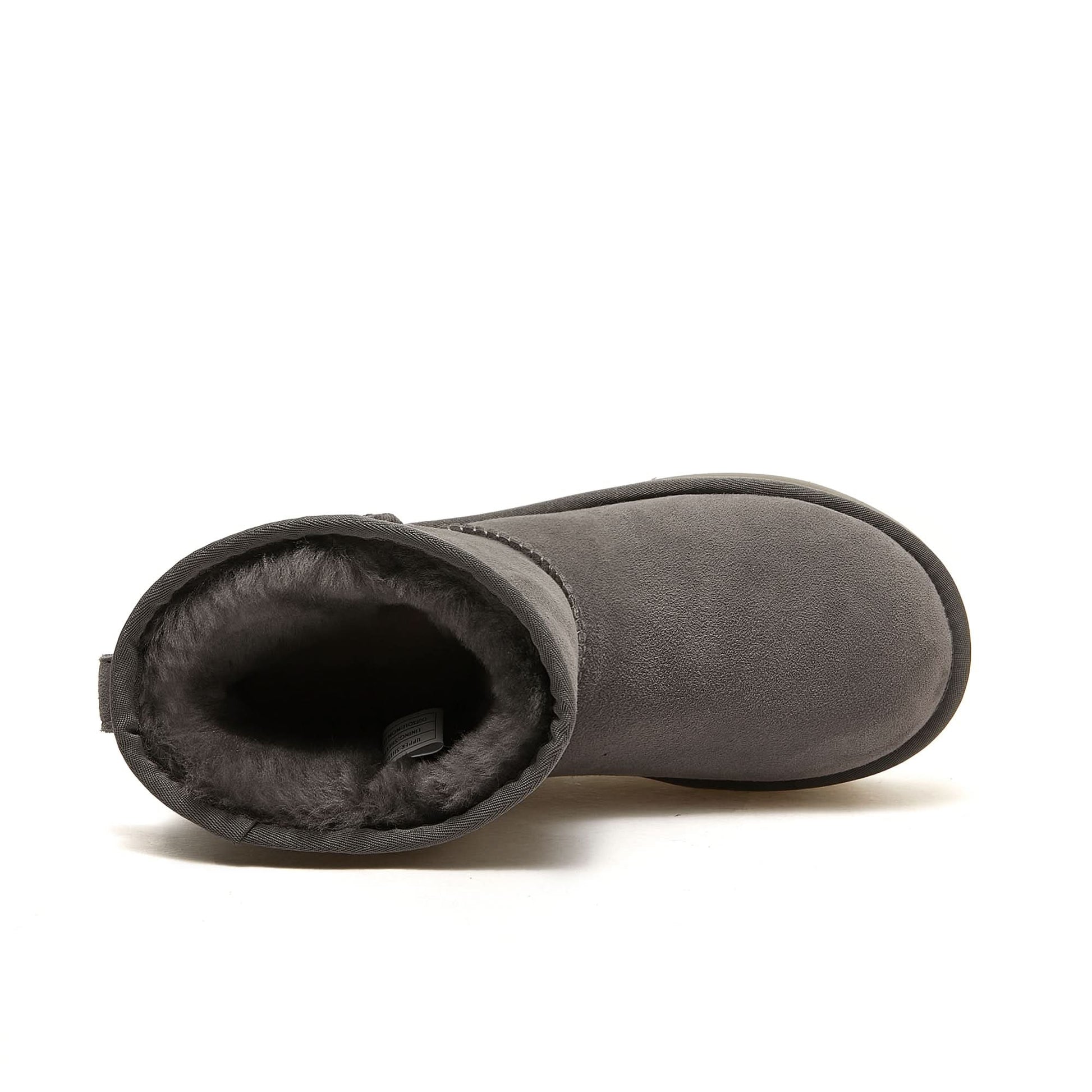 Grey suede sheepskin boot with dark wool lining, top-down view. - Yellow Earth Australia