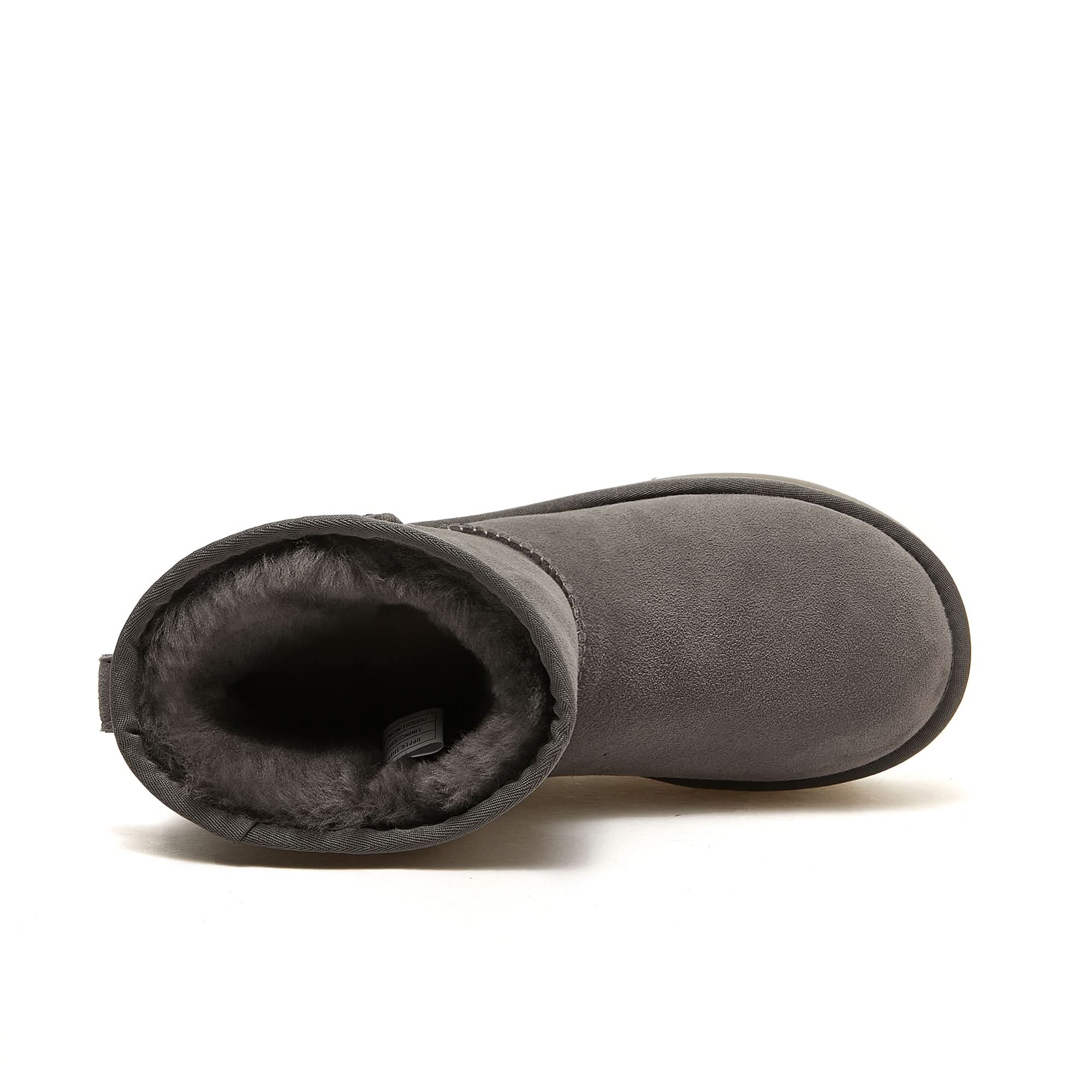 Grey suede sheepskin boot with dark wool lining, top-down view. - Yellow Earth Australia