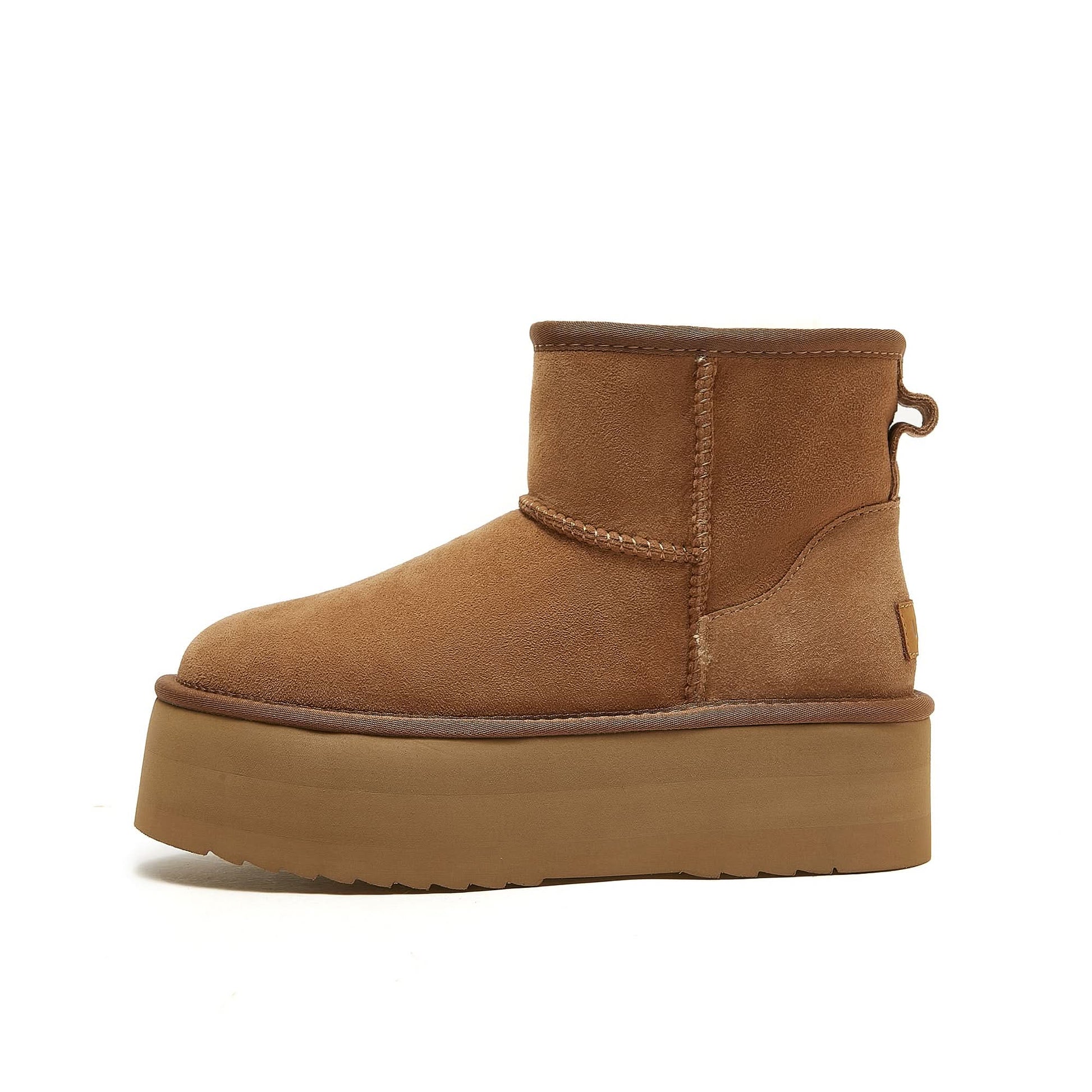 Chestnut suede sheepskin platform ankle boot shown from side profile view. - Yellow Earth Australia
