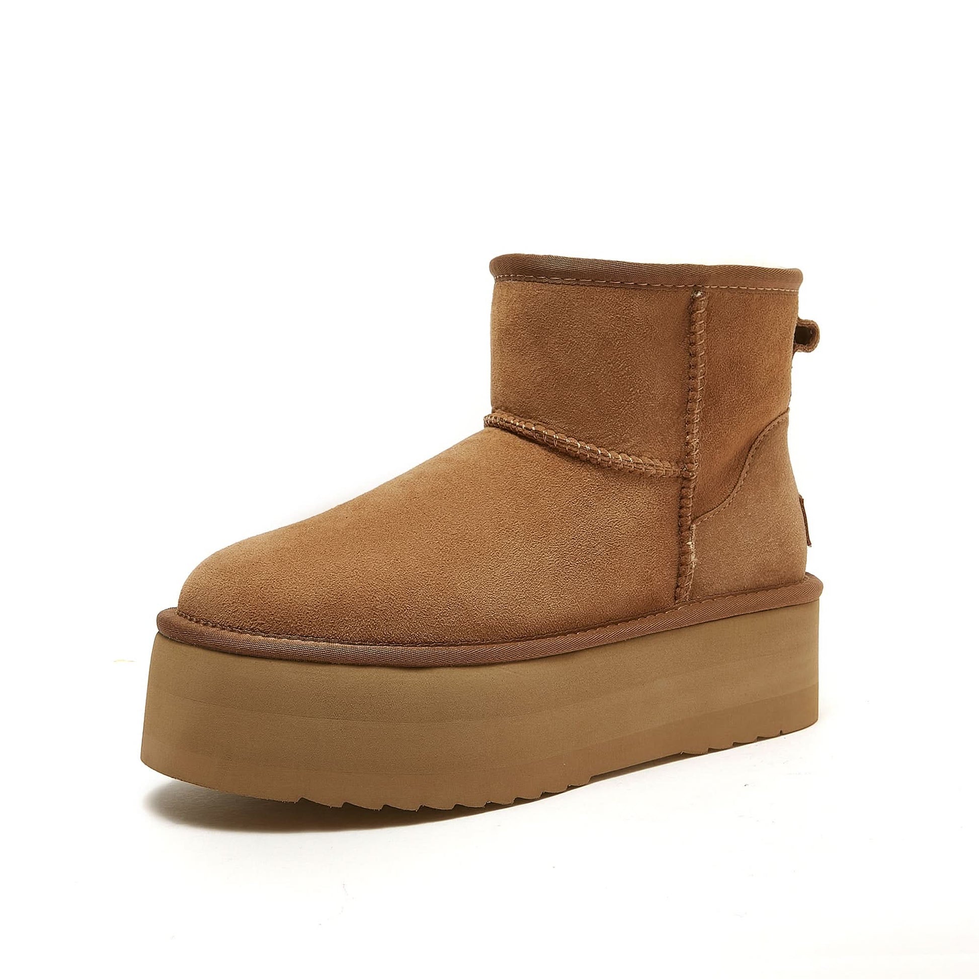 Chestnut platform mini boot in soft suede with thick sole, side view. - Yellow Earth Australia