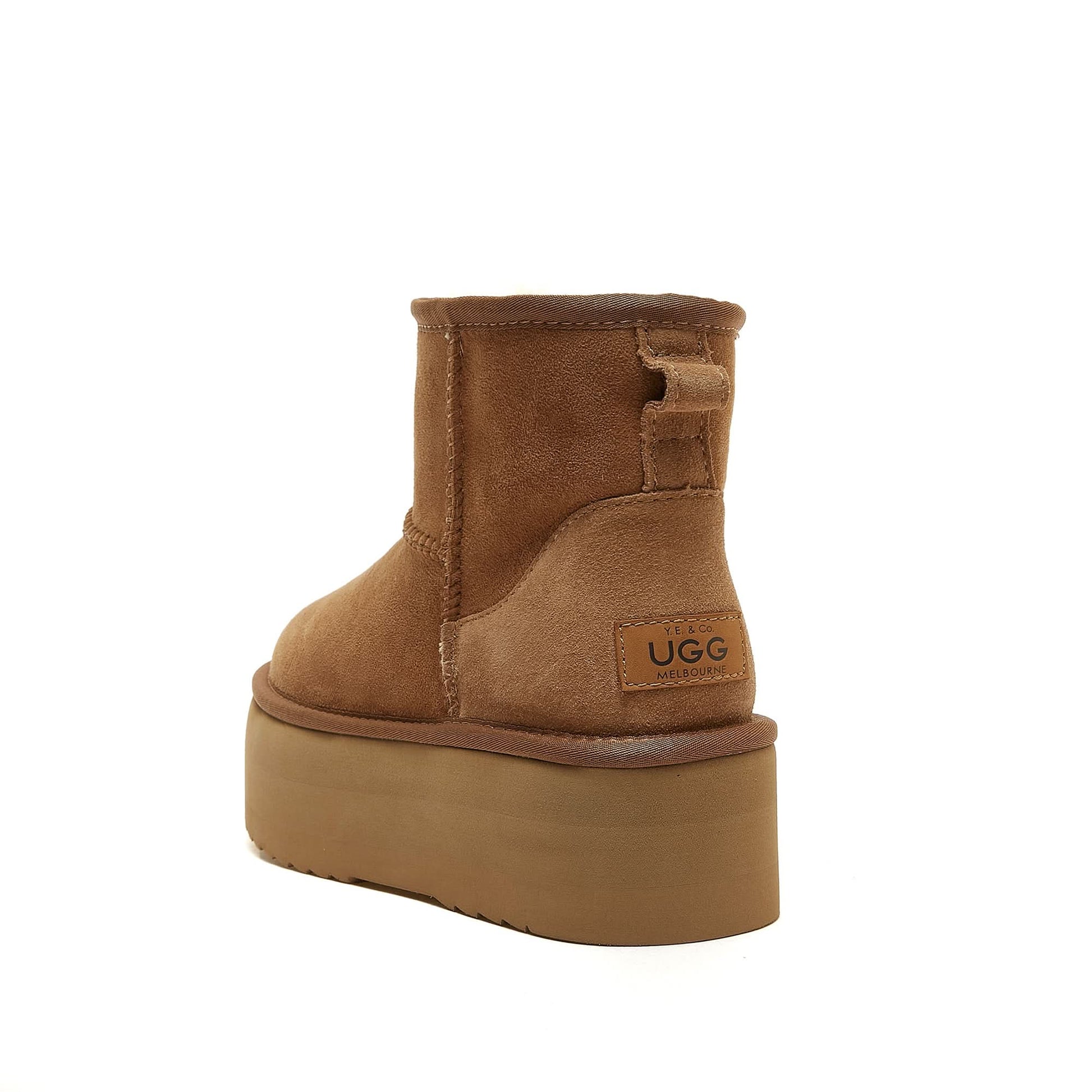 Chestnut suede platform ankle boot with sheepskin lining, rear view. - Yellow Earth Australia