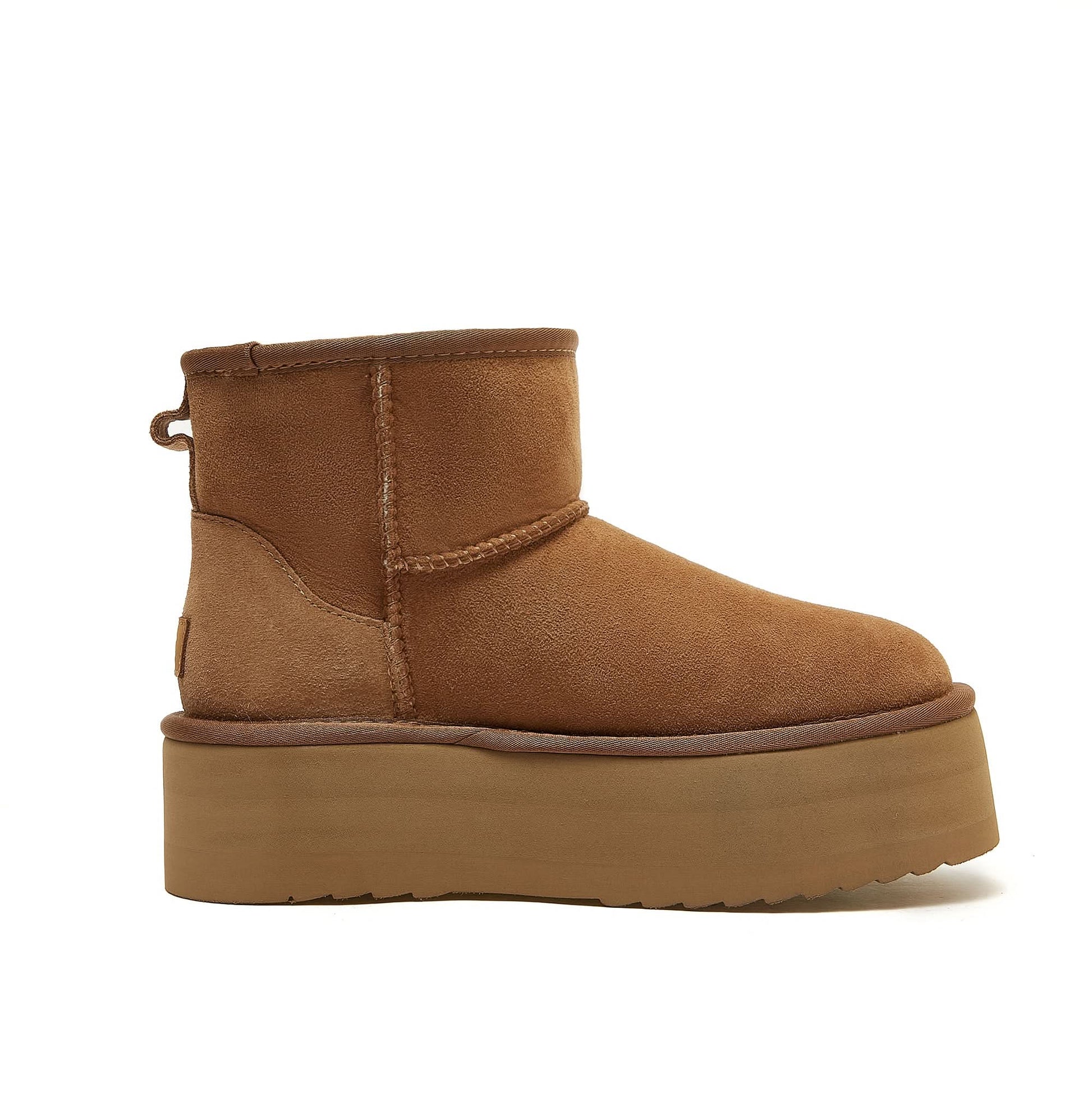 Chestnut suede platform ankle boot with sheepskin lining, side view. - Yellow Earth Australia