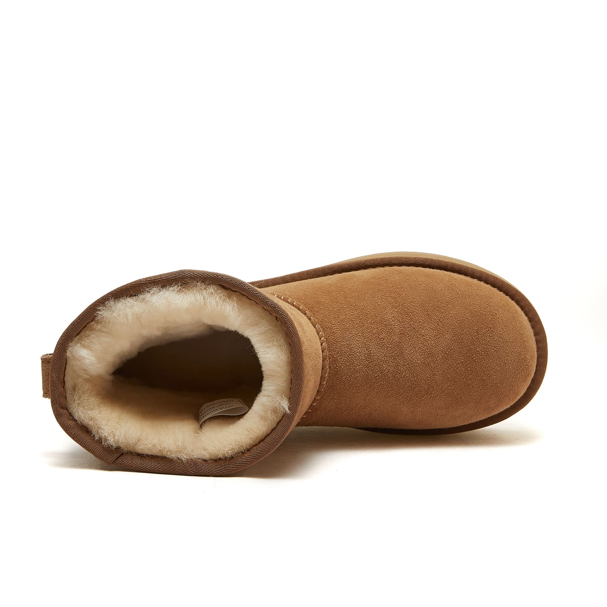 Chestnut sheepskin boot with warm fleece lining, top-down view. - Yellow Earth Australia