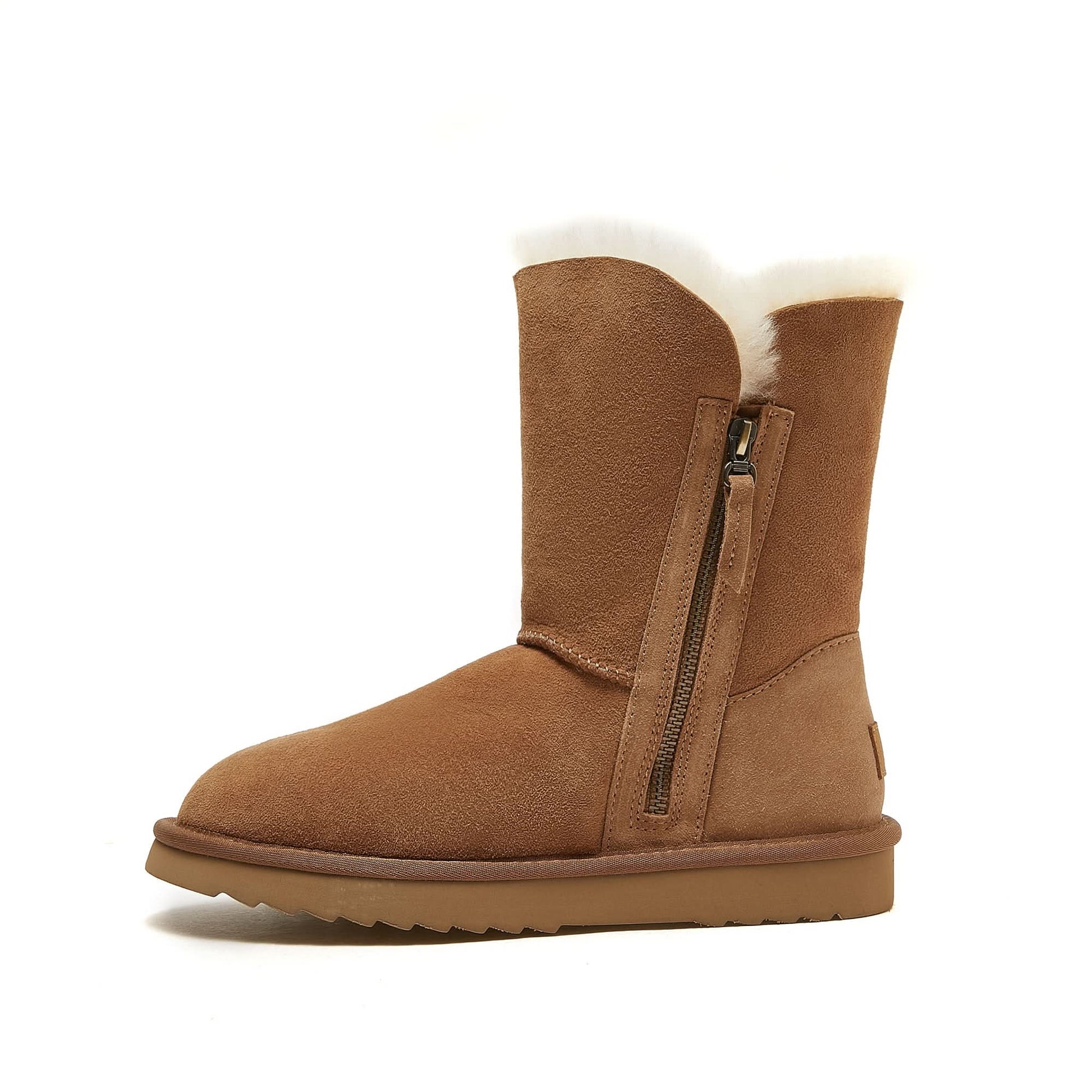 Chestnut sheepskin boot with white wool lining, side view with zip fastening. - Yellow Earth Australia