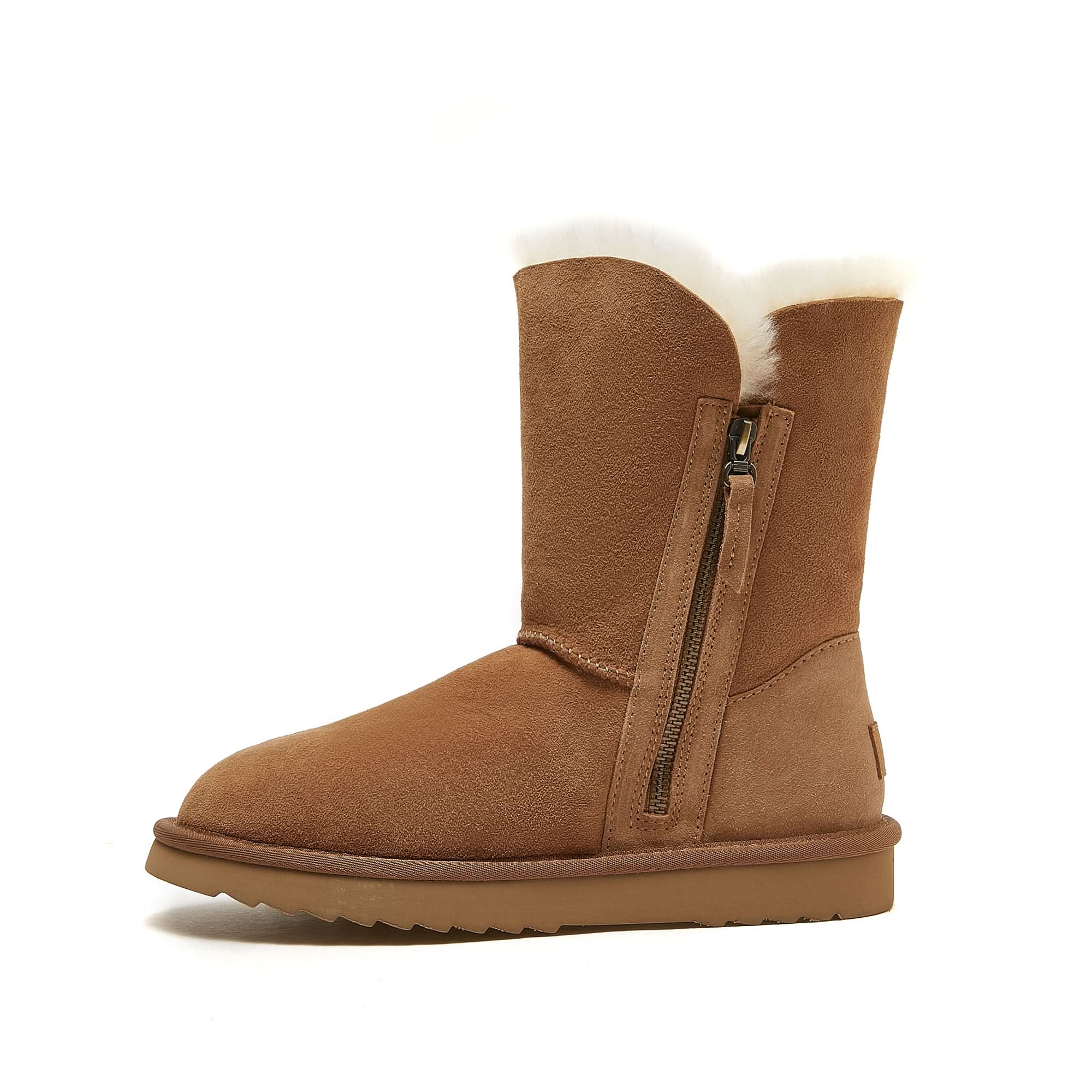 Chestnut sheepskin boot with white wool lining, side view with zip fastening. - Yellow Earth Australia