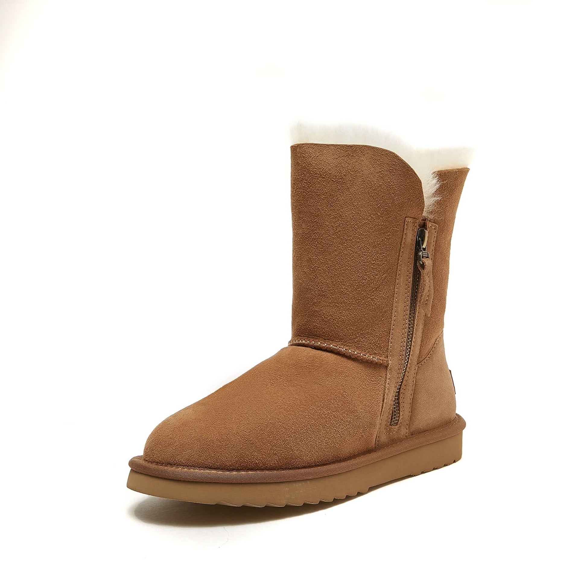 Chestnut suede sheepskin boot with fleece lining, side zip closure, angled view. - Yellow Earth Australia