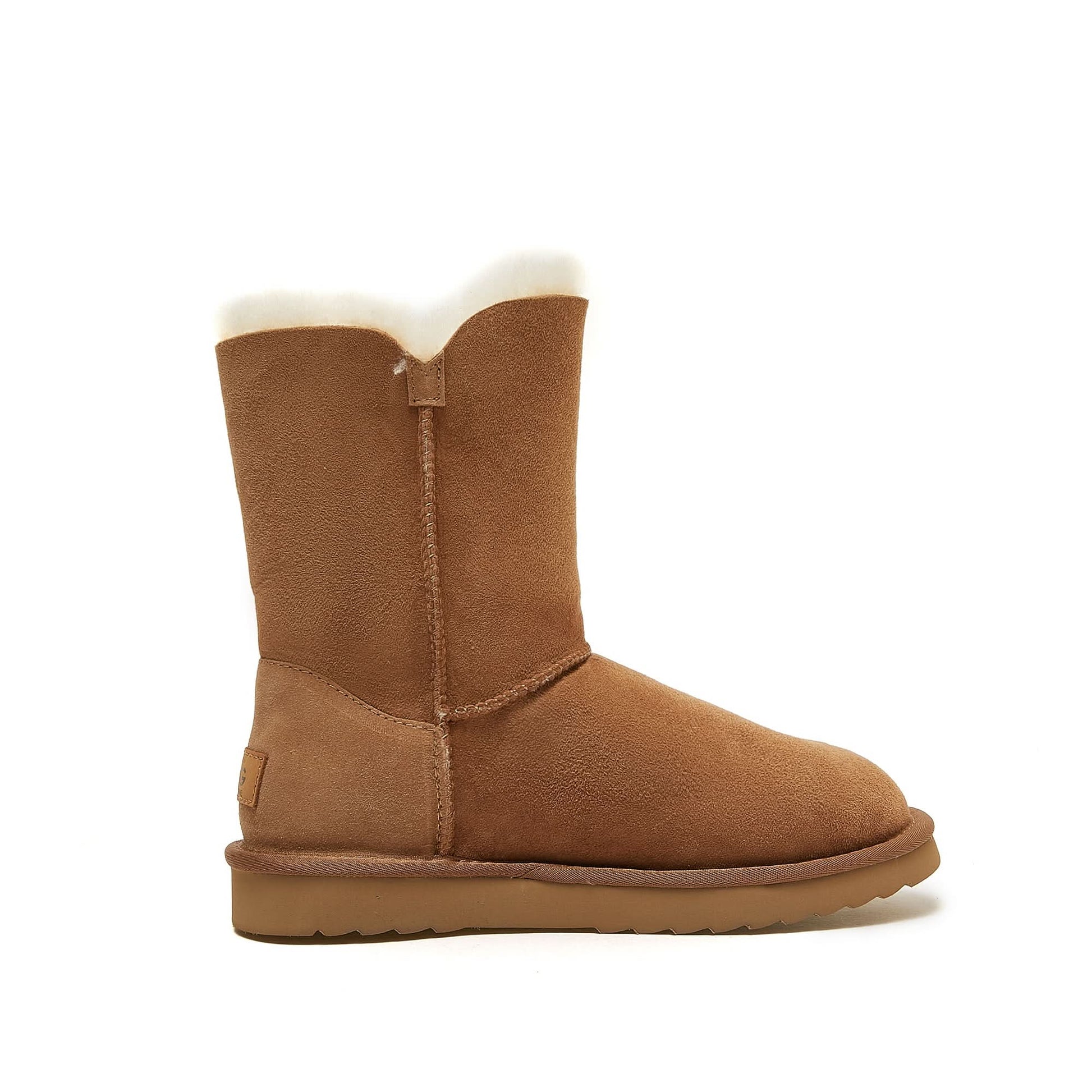 Chestnut sheepskin boot with fleece lining, side view. - Yellow Earth Australia