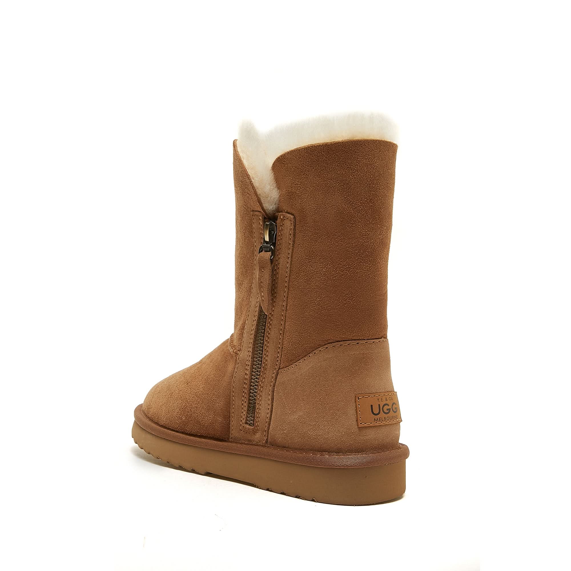 Tan suede sheepskin boot with wool lining, side zip closure, rear view. - Yellow Earth Australia