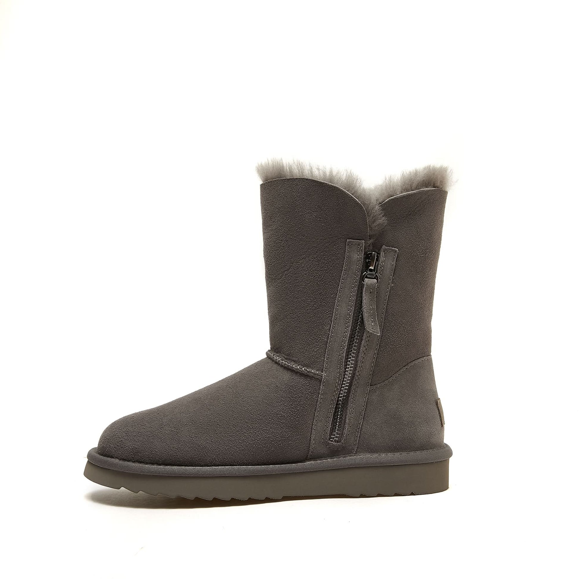 Grey sheepskin mid-calf boot with wool lining and side zip, side view. - Yellow Earth Australia
