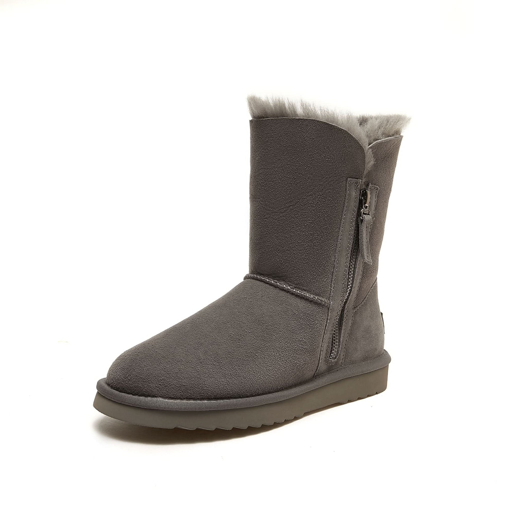 Grey sheepskin wool mid-calf boot with fur collar, side zip closure, viewed from the side angle. - Yellow Earth Australia