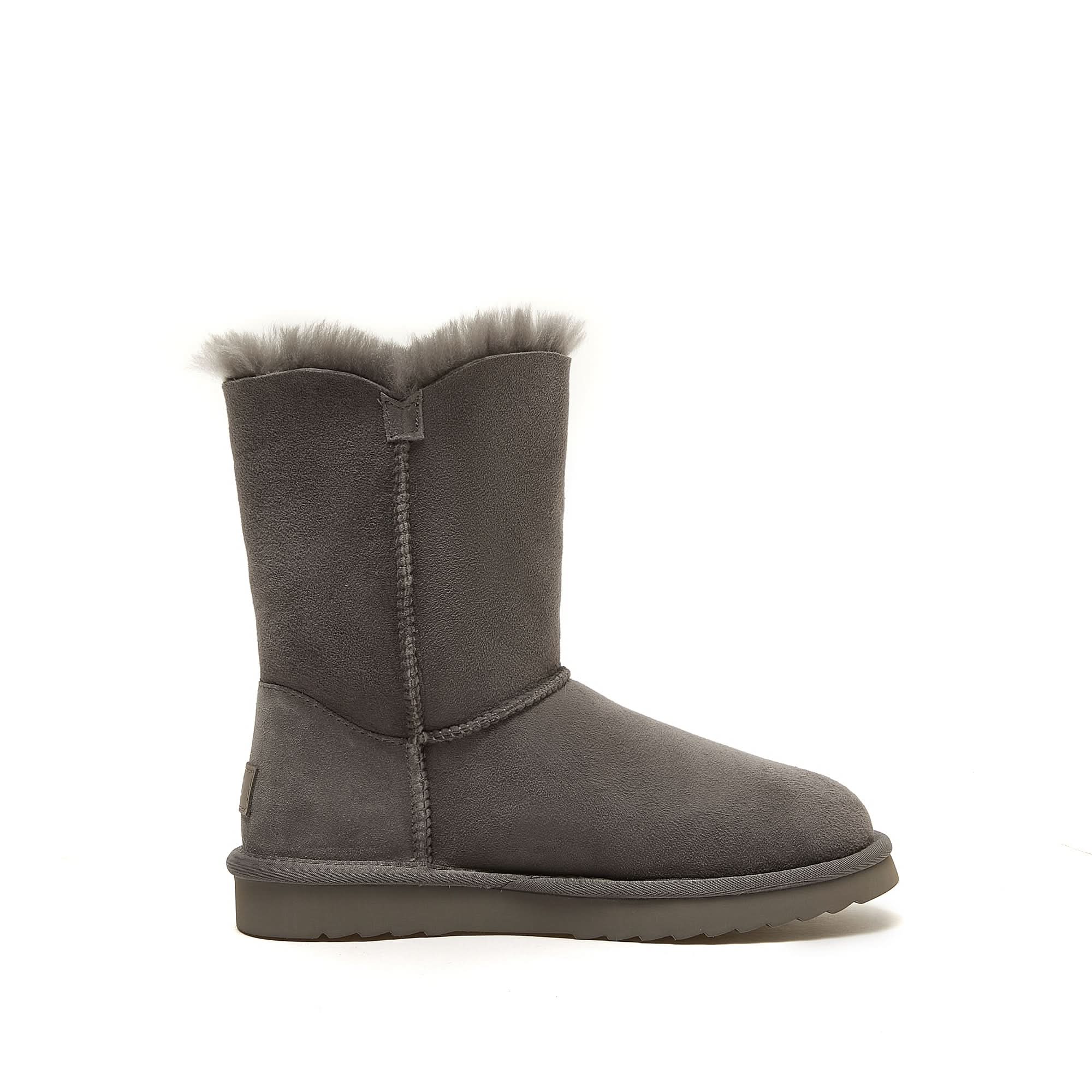 Grey sheepskin mid-calf boot with fluffy wool lining, side view. - Yellow Earth Australia
