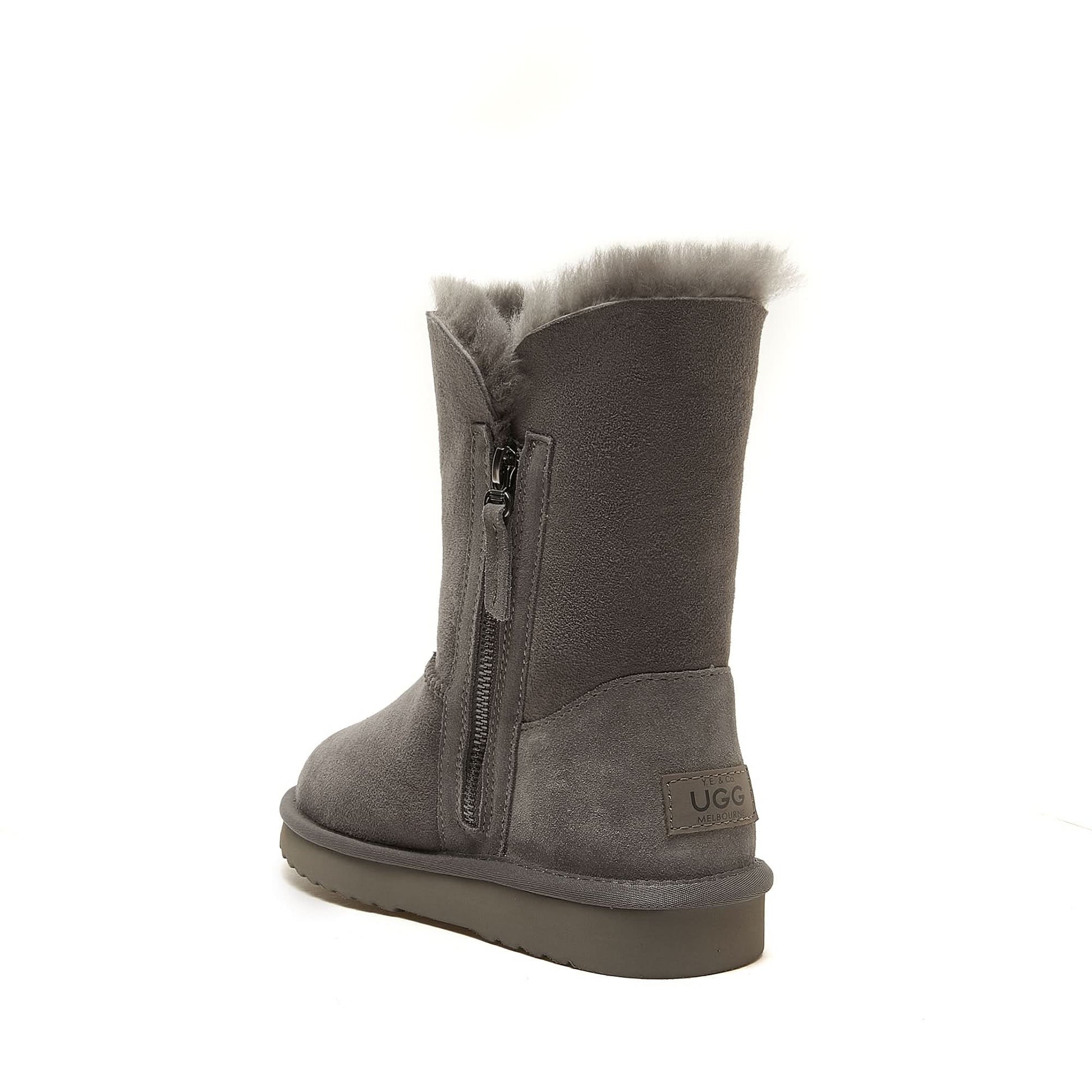 Grey sheepskin mid-calf boot with fuzzy wool lining, side zip closure, rear view. - Yellow Earth Australia