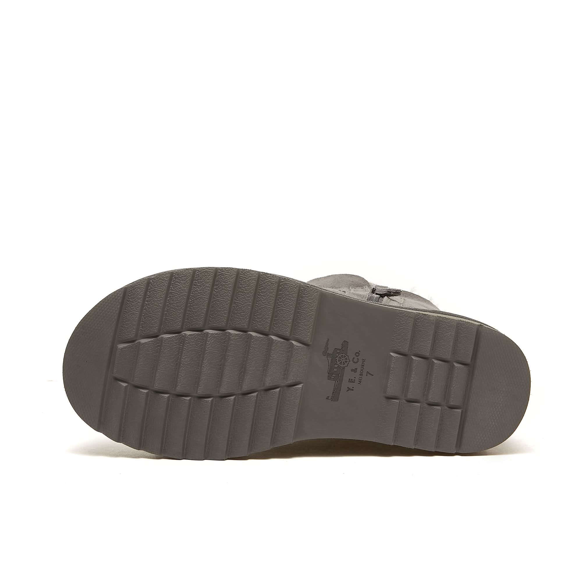 Grey sheepskin boot sole showing textured rubber tread pattern from underneath view. - Yellow Earth Australia