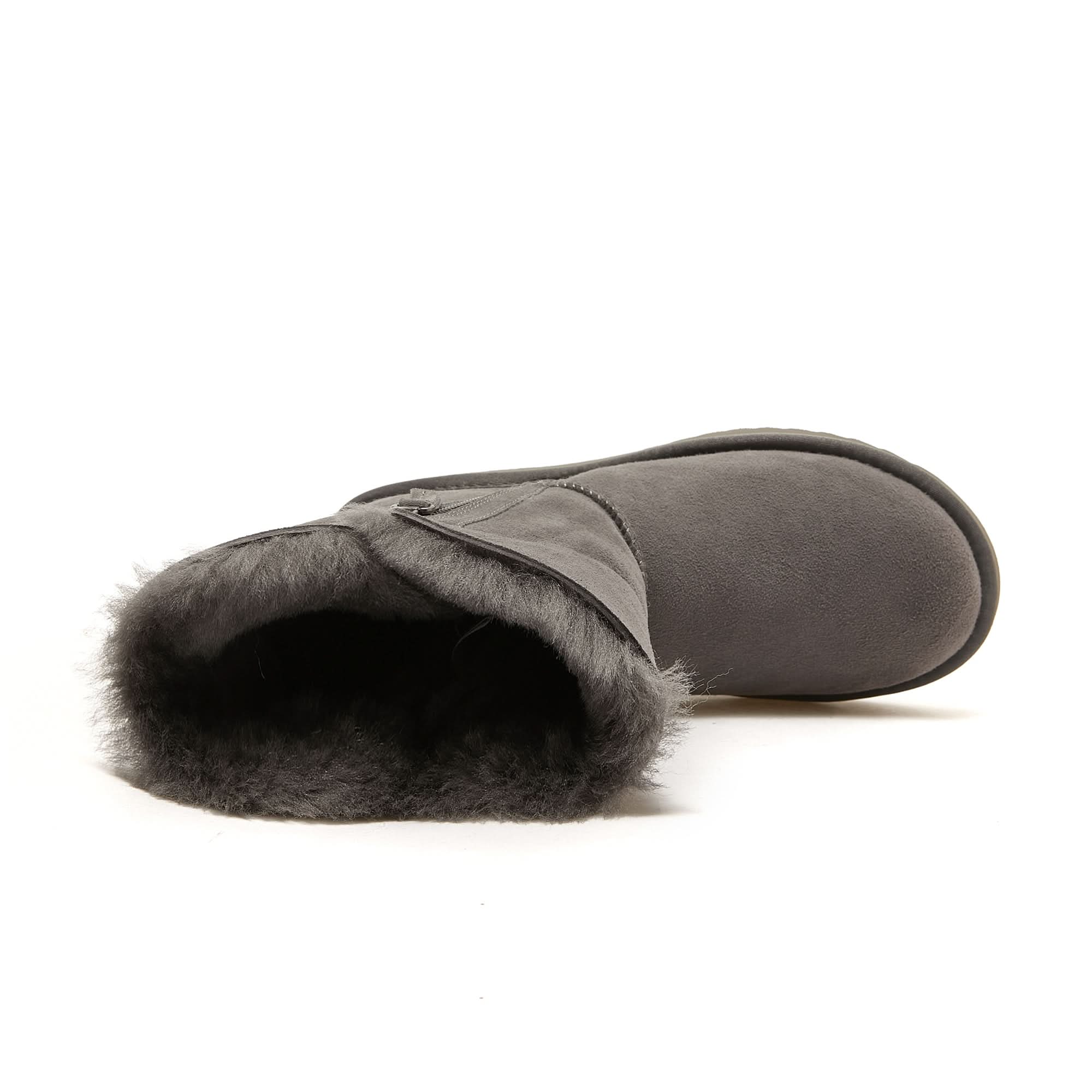 Grey suede sheepskin boot with fluffy wool lining, top-down view. - Yellow Earth Australia