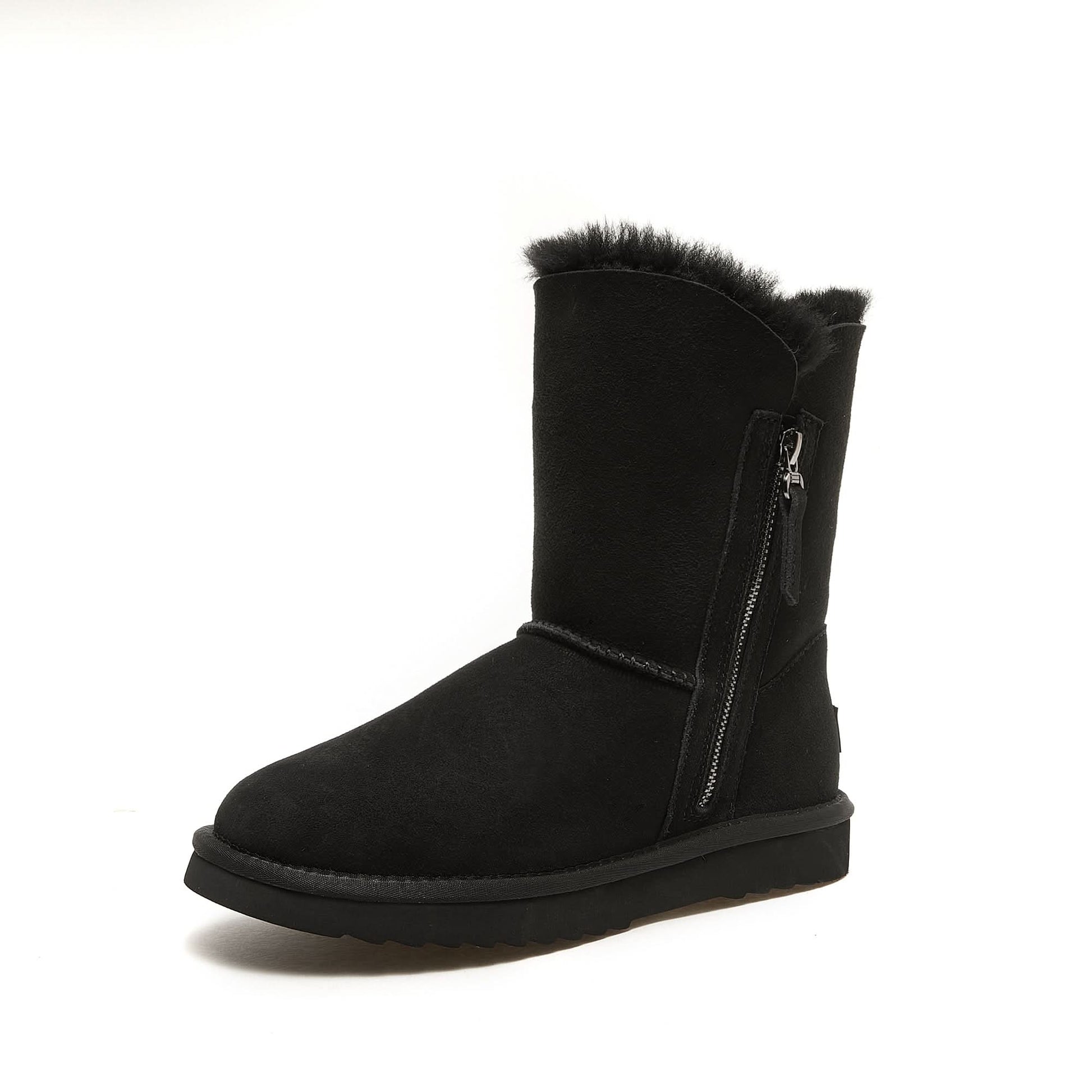 Black sheepskin mid-calf boot with fluffy wool collar and side zip closure. - Yellow Earth Australia