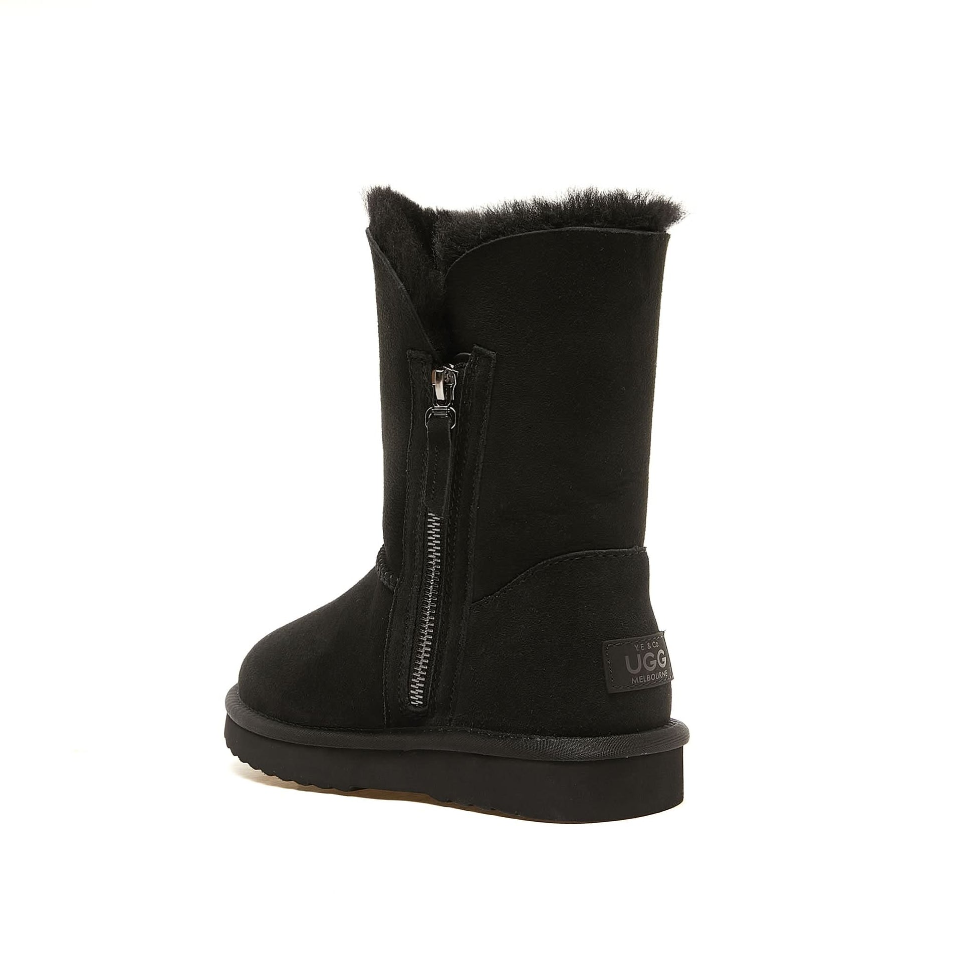 Black sheepskin mid-calf boot with wool lining, side zip closure, rear view. - Yellow Earth Australia