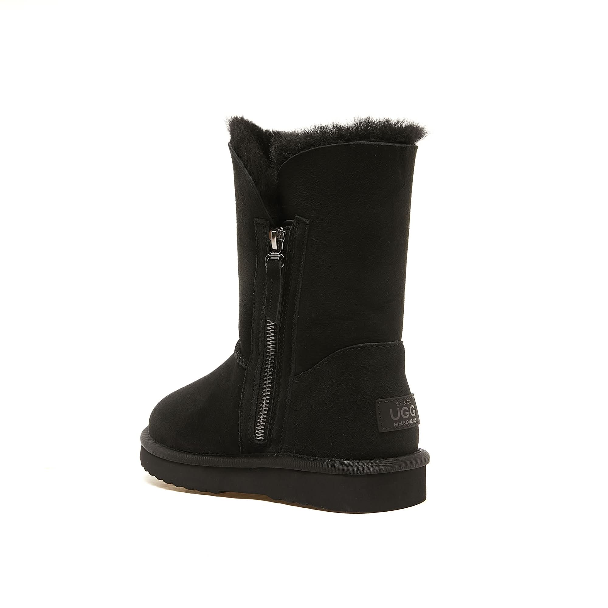 Black sheepskin mid-calf boot with wool lining, side zip closure, rear view. - Yellow Earth Australia