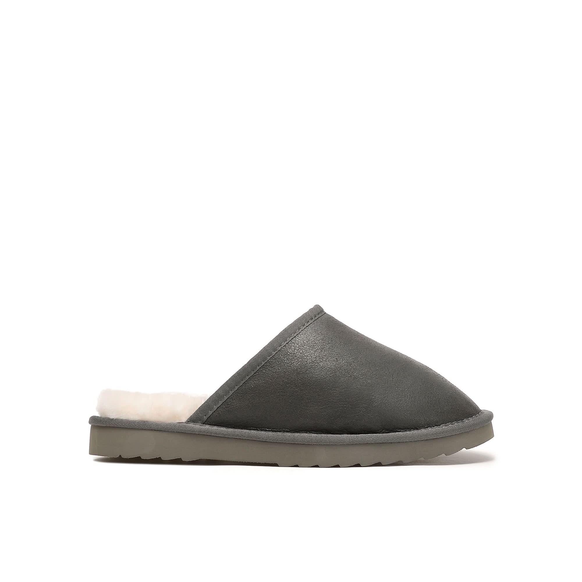 Grey sheepskin slippers with wool lining, side view on white background. - Yellow Earth Australia