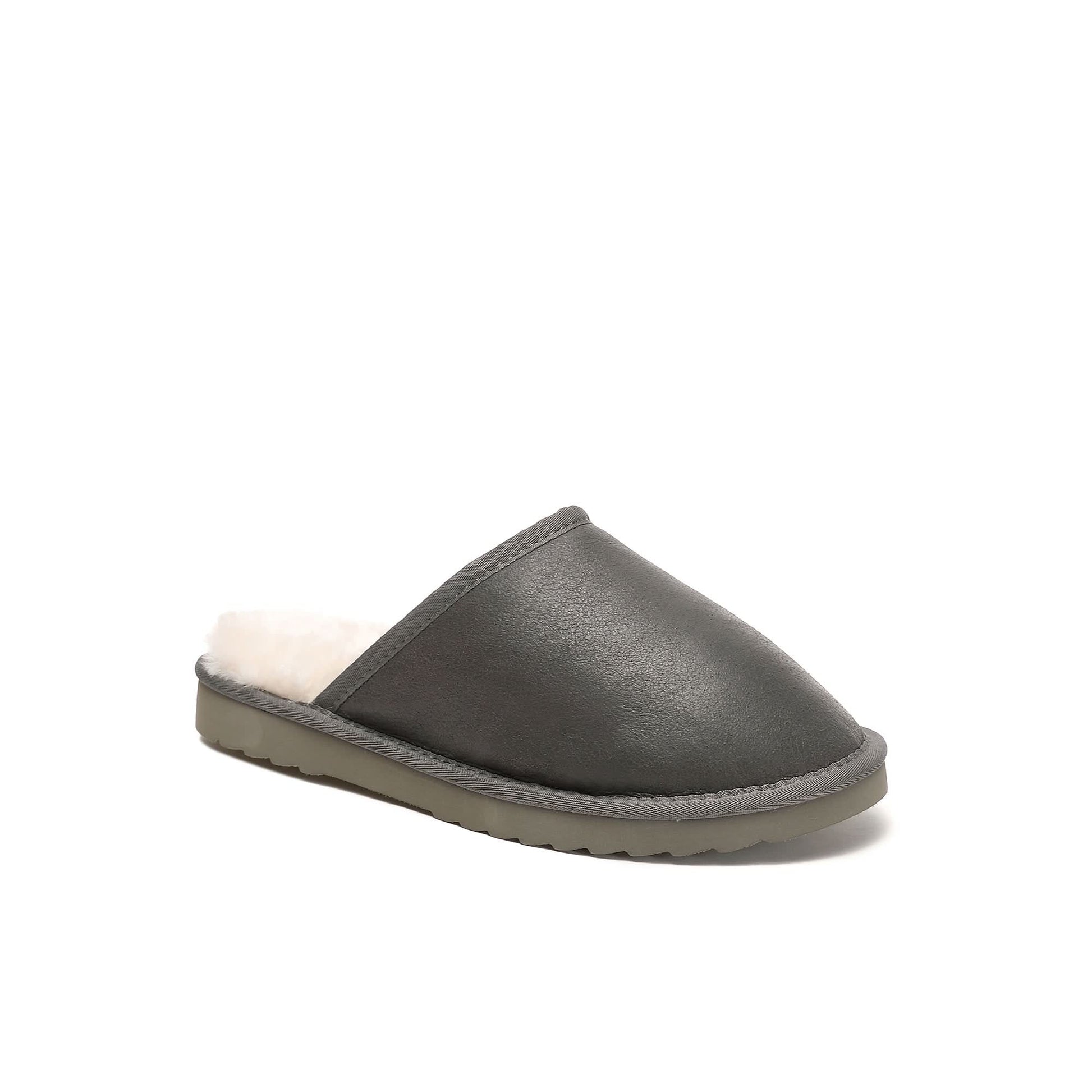Grey leather sheepskin slipper with cream wool lining, side view. - Yellow Earth Australia