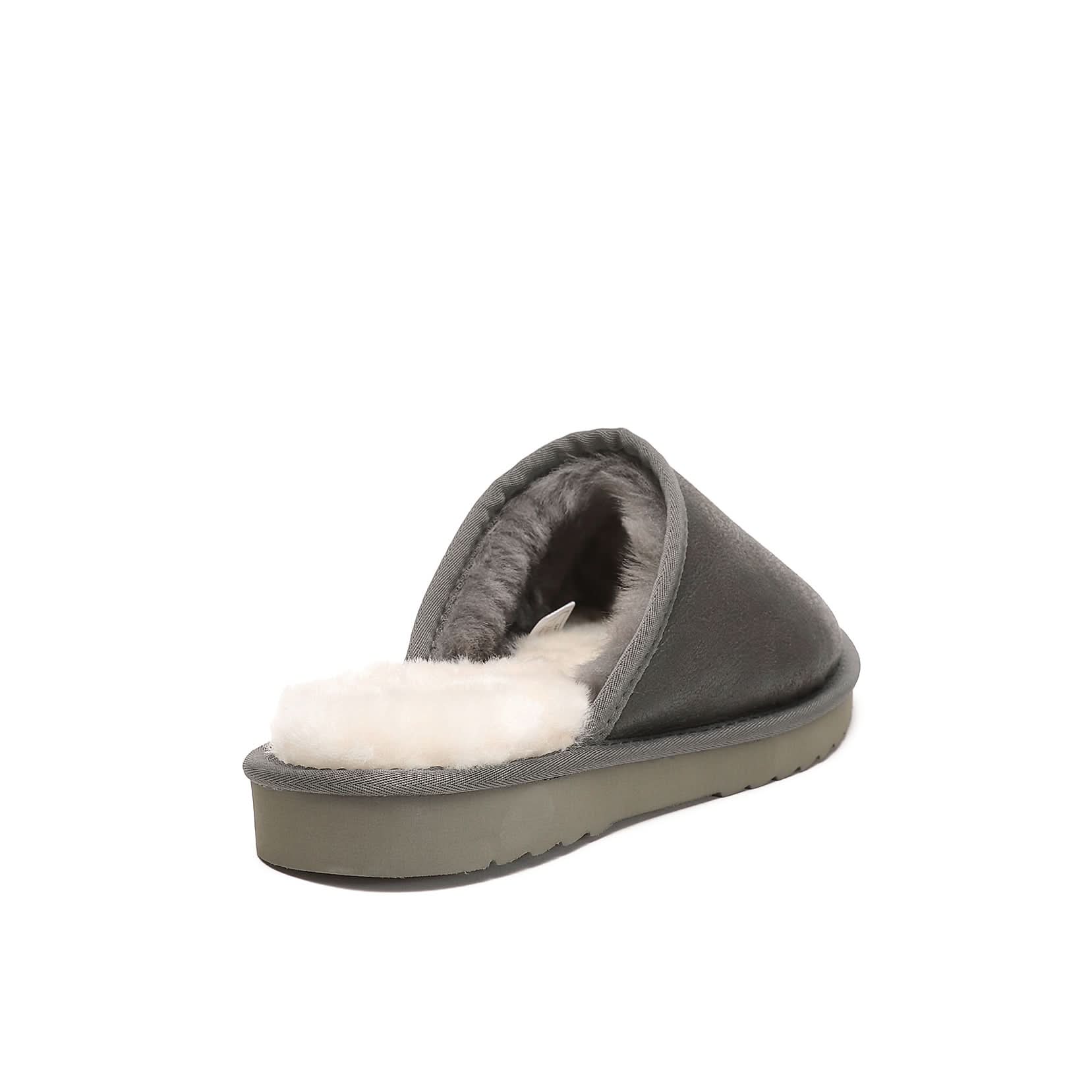 Grey sheepskin slipper with white wool lining, rear three-quarter view. - Yellow Earth Australia