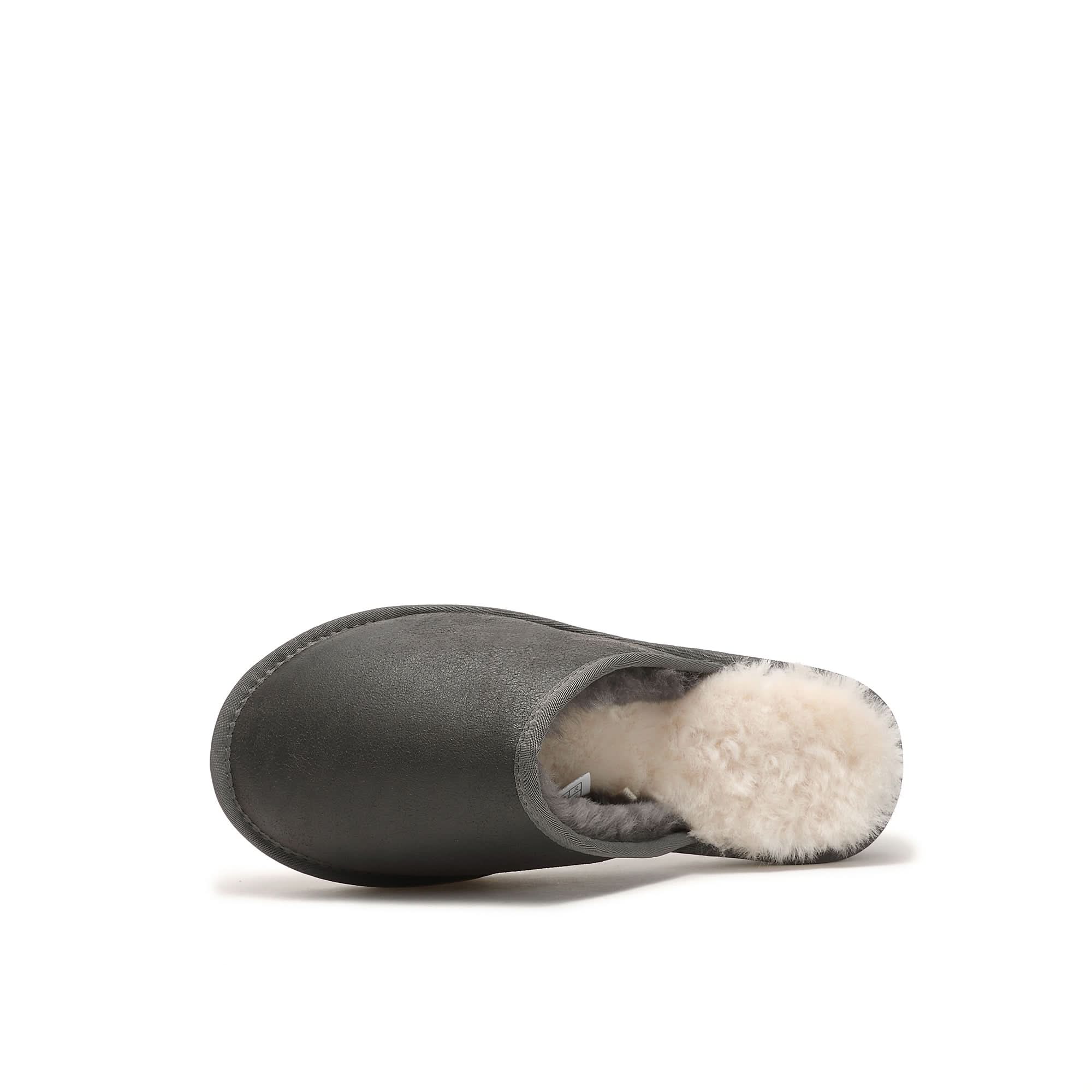 Grey sheepskin slipper with cream wool lining, side view on white background. - Yellow Earth Australia