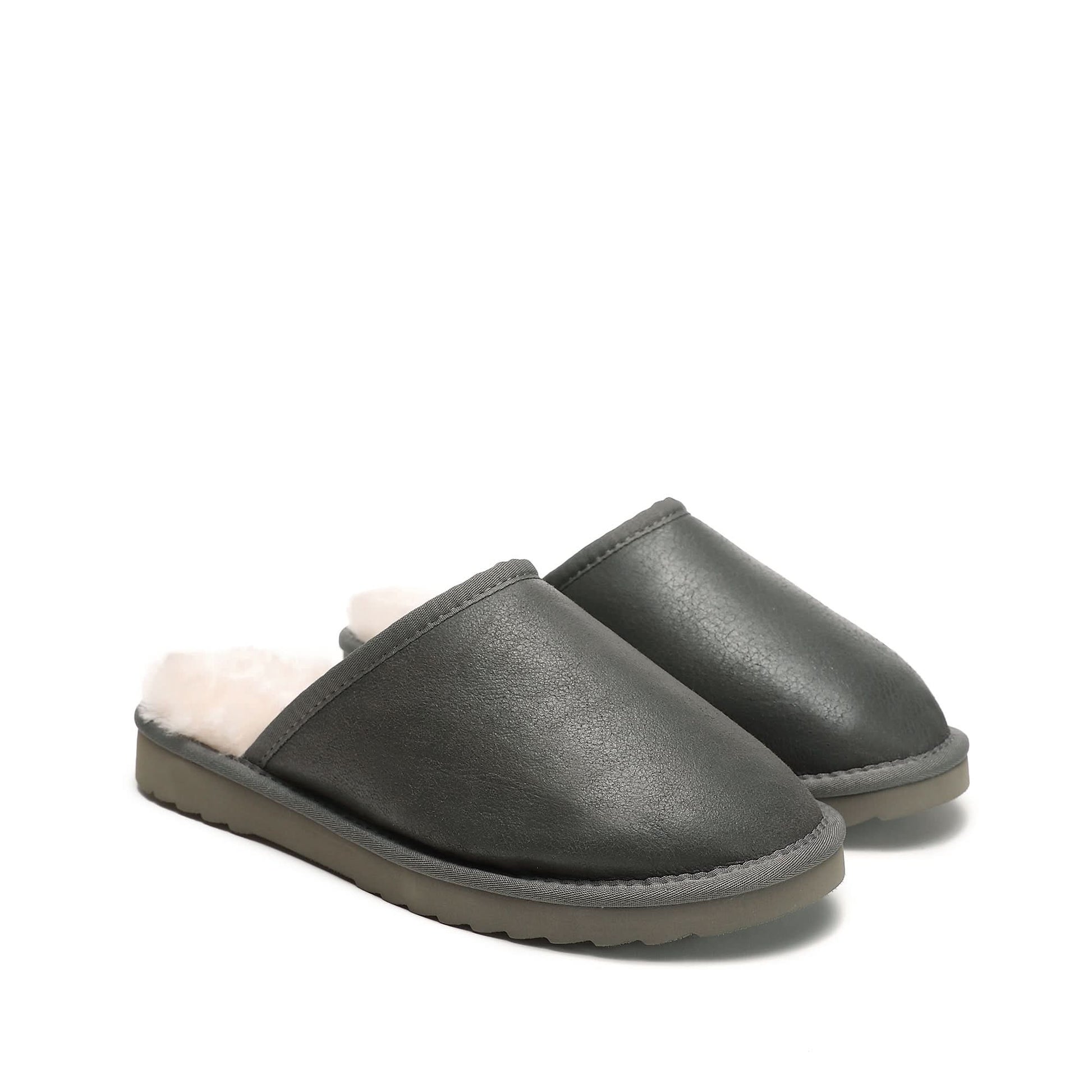 Grey leather sheepskin slippers with wool lining, angled side view. - Yellow Earth Australia
