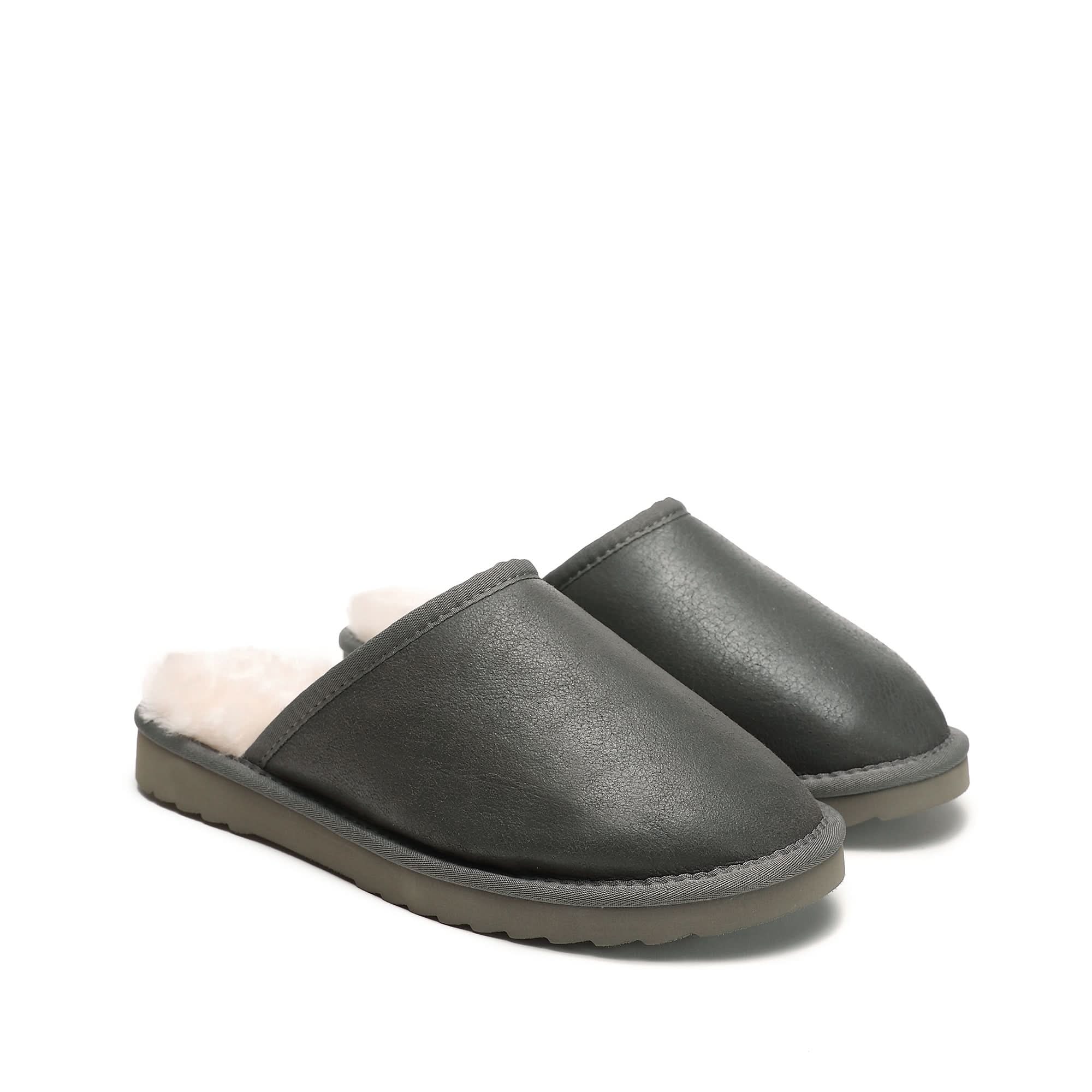 Grey leather sheepskin slippers with wool lining, angled side view. - Yellow Earth Australia