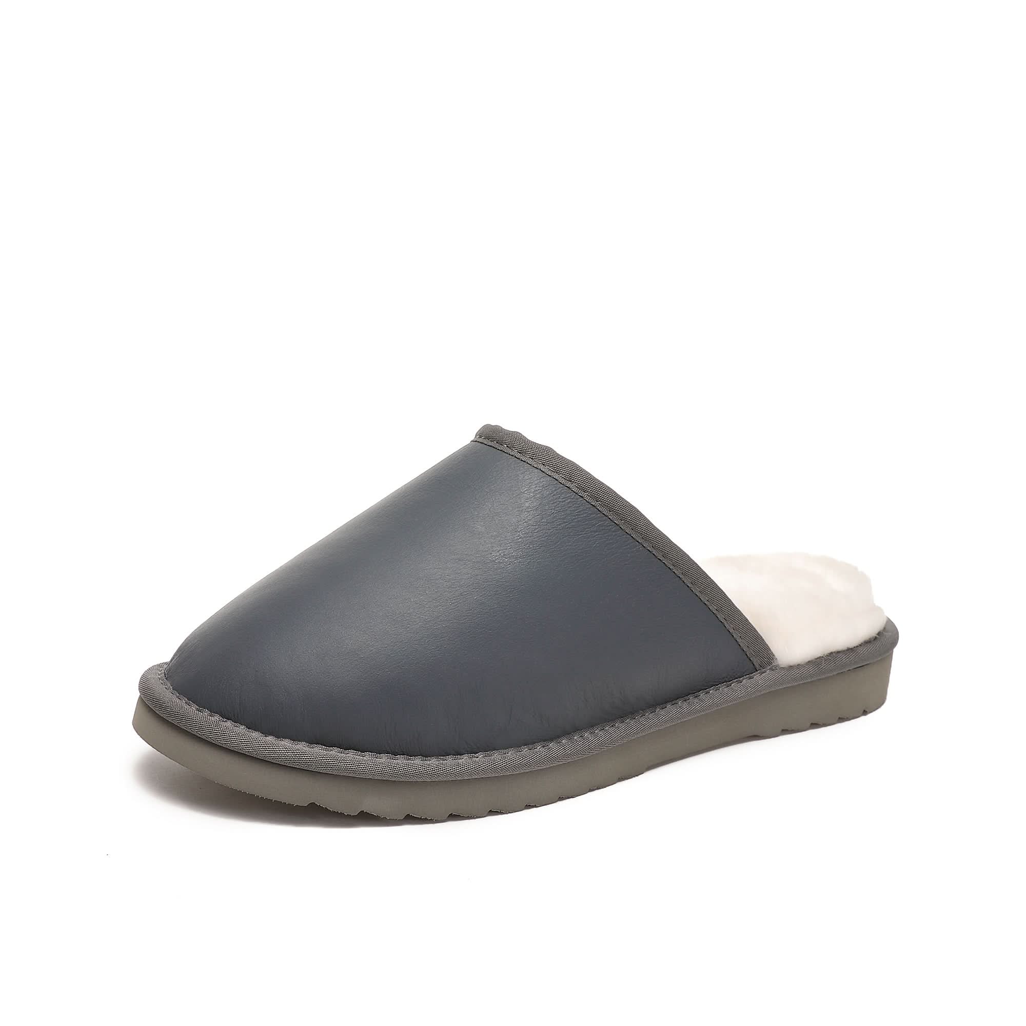 Grey leather sheepskin slipper mule with cream wool lining, side angle view. - Yellow Earth Australia