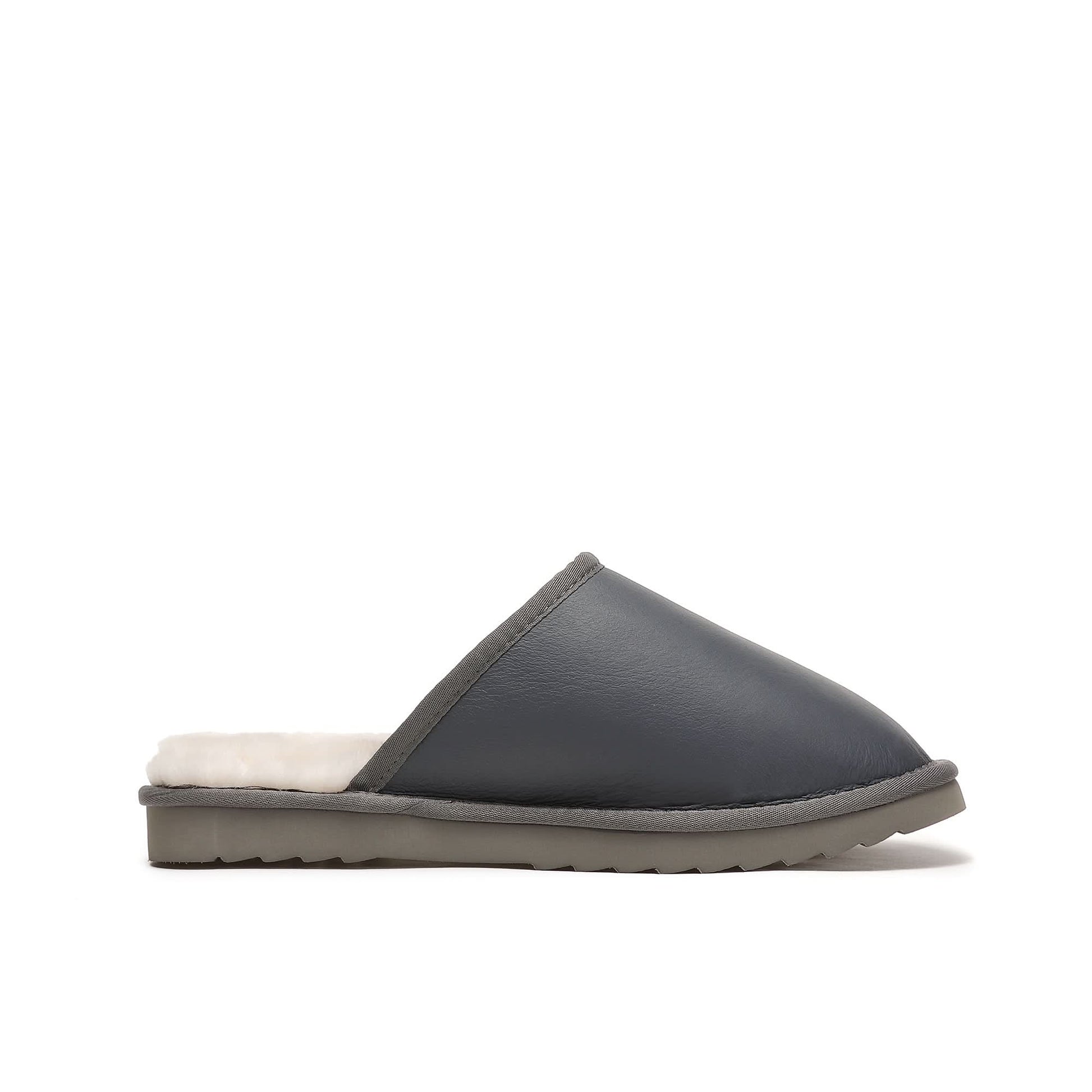 Grey and cream sheepskin slipper mule with wool lining, side view. - Yellow Earth Australia
