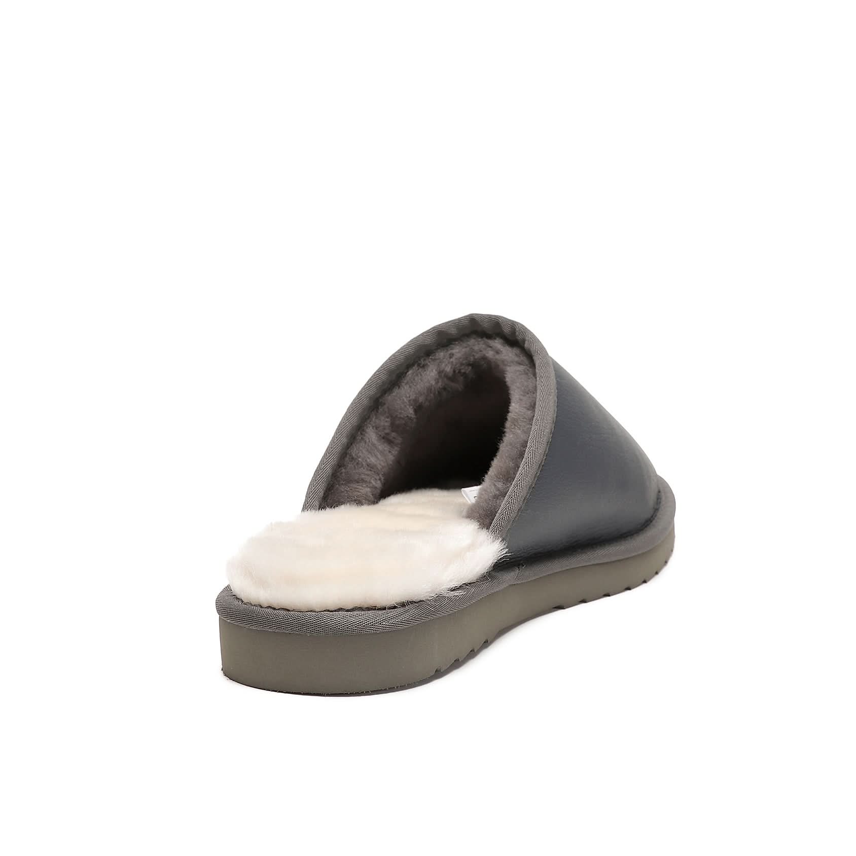 Grey sheepskin slipper with cream wool lining, rear three-quarter view. - Yellow Earth Australia
