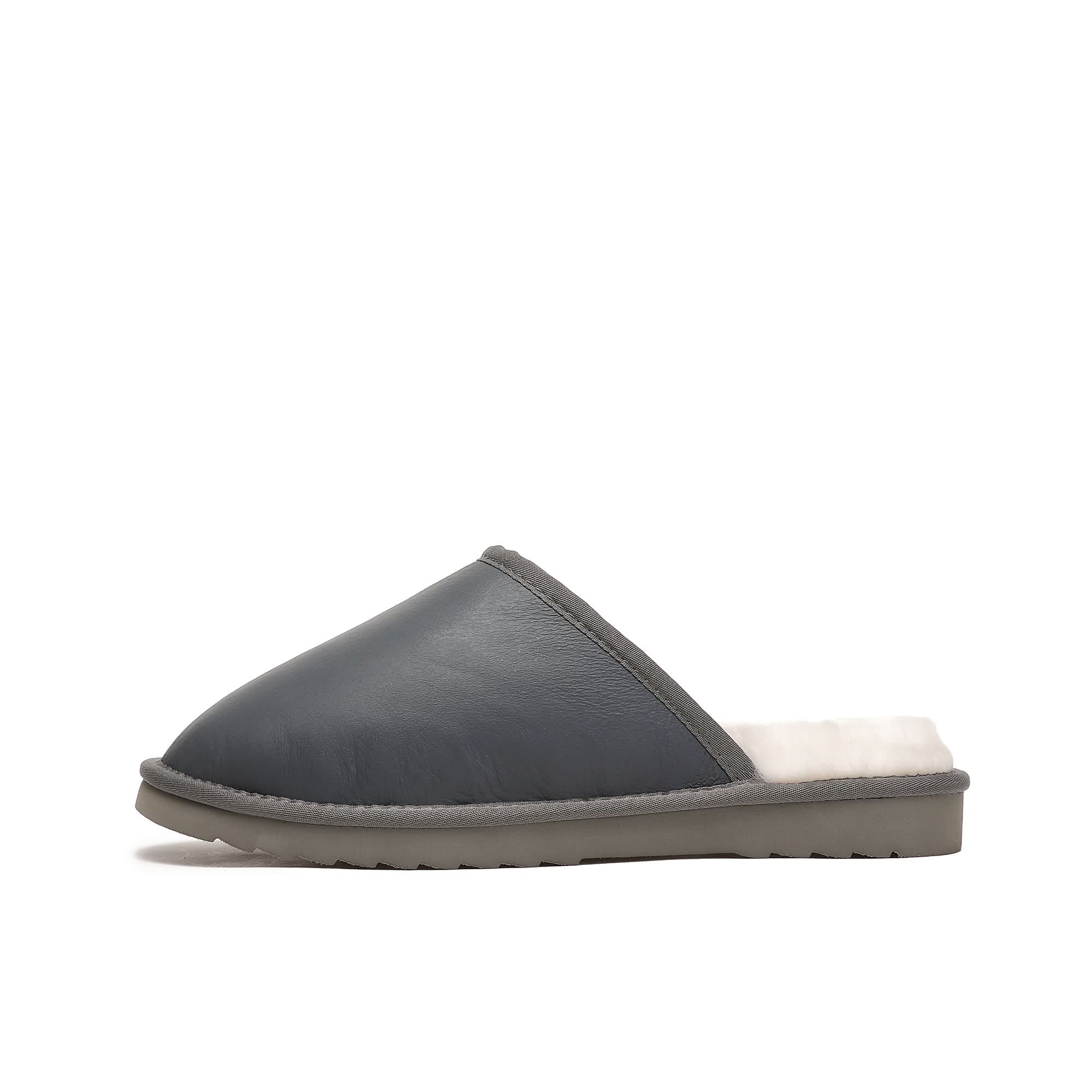 Grey leather sheepskin mule slipper with wool lining, side view. - Yellow Earth Australia