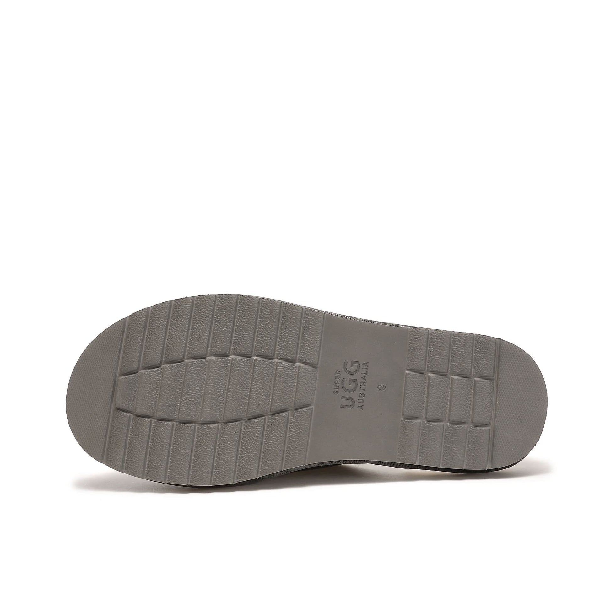 Beige sheepskin shoe sole with grid tread pattern, bottom view. - Yellow Earth Australia