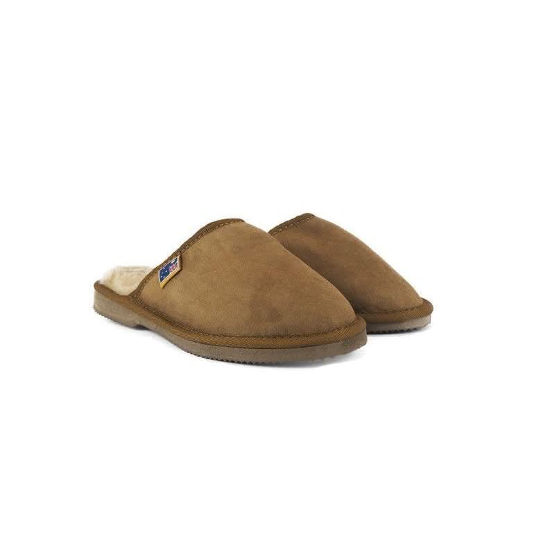 Tan suede sheepskin slippers with wool lining shown from above in a pair view. - Yellow Earth Australia