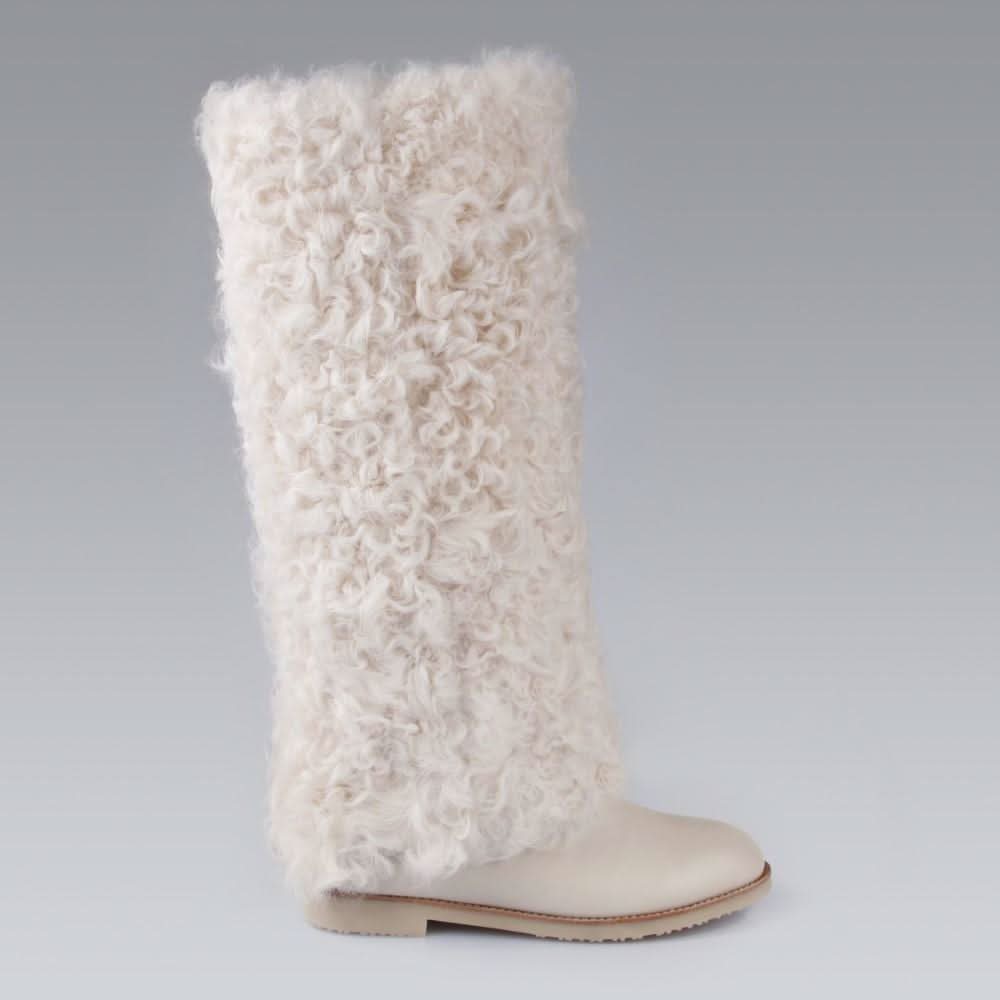 Tall ivory curly sheepskin boot with cream suede sole, side view. - Yellow Earth Australia