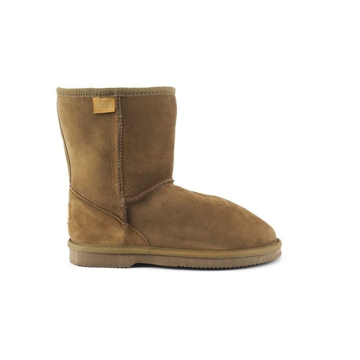 Chestnut suede sheepskin mid-calf boot with wool lining shown from the side view. - Yellow Earth Australia