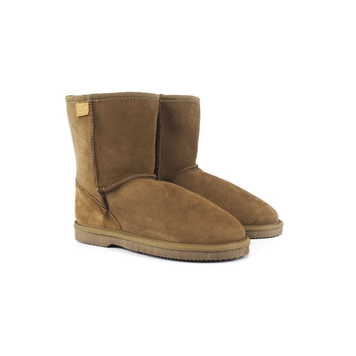 Pair of tan suede sheepskin boots with visible stitching detail, displayed from a front-angled view. - Yellow Earth Australia