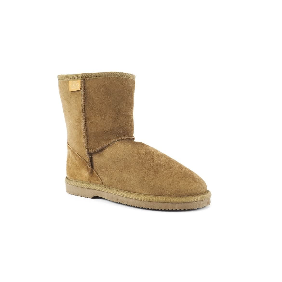 Tan suede sheepskin mid-calf boot with wool lining, shown from the side angle. - Yellow Earth Australia