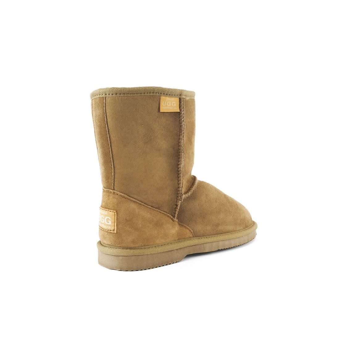 Tan sheepskin mid-calf boot with suede exterior shown from rear three-quarter angle. - Yellow Earth Australia