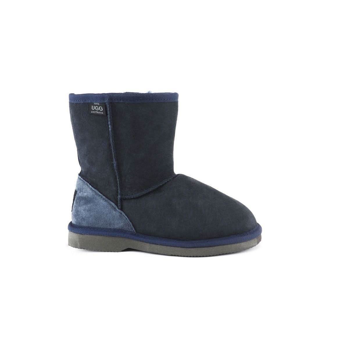 Navy blue sheepskin boot with suede heel panel, viewed from the side. - Yellow Earth Australia